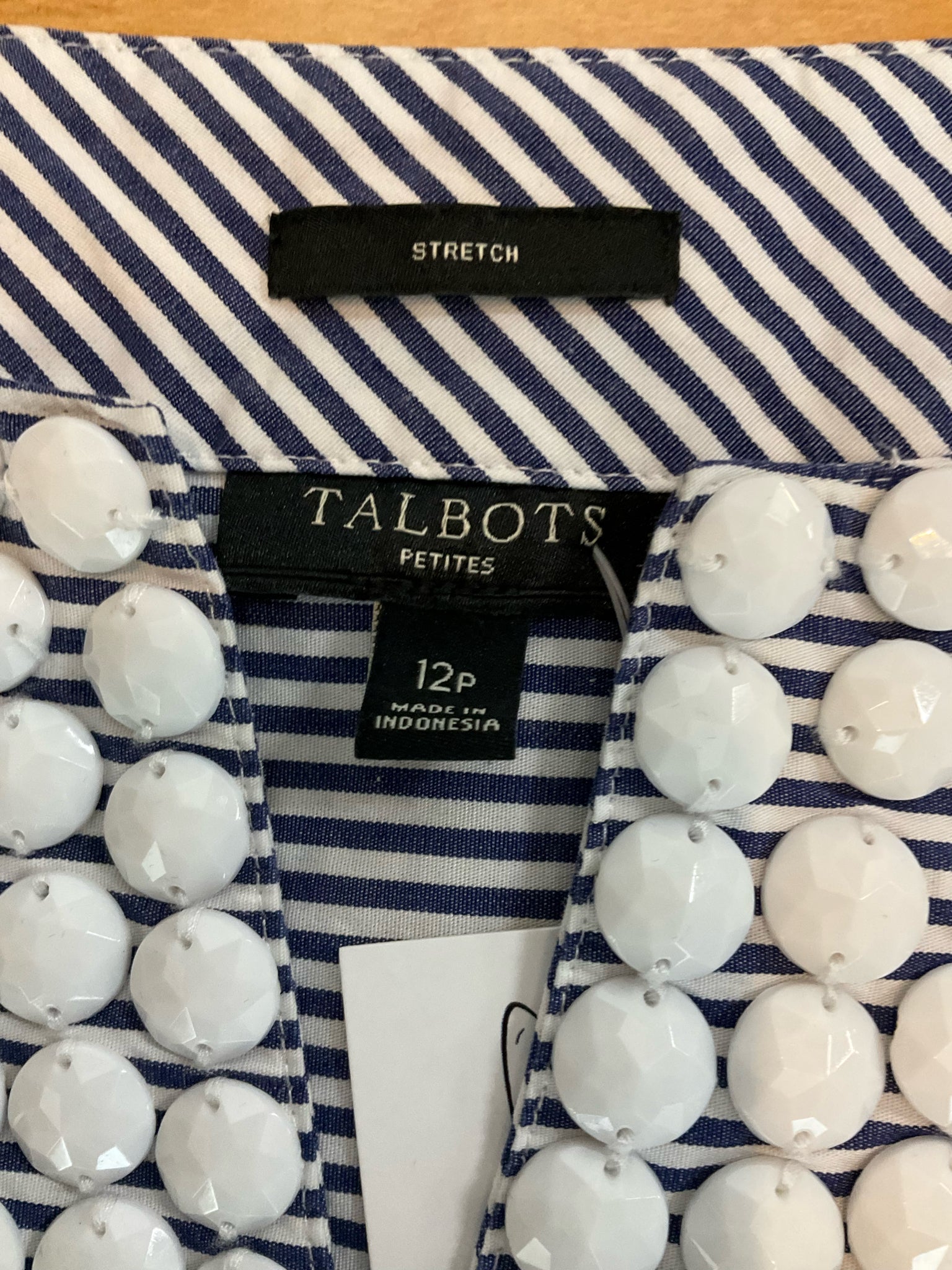 Talbots Petites Beaded Neckline Striped Shell Top Blue White Size 12P