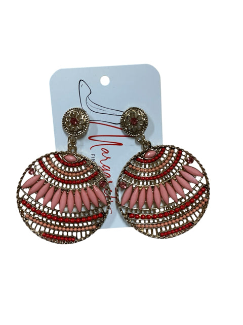 Pink & Red Beaded Filigree Statement Drop Earrings