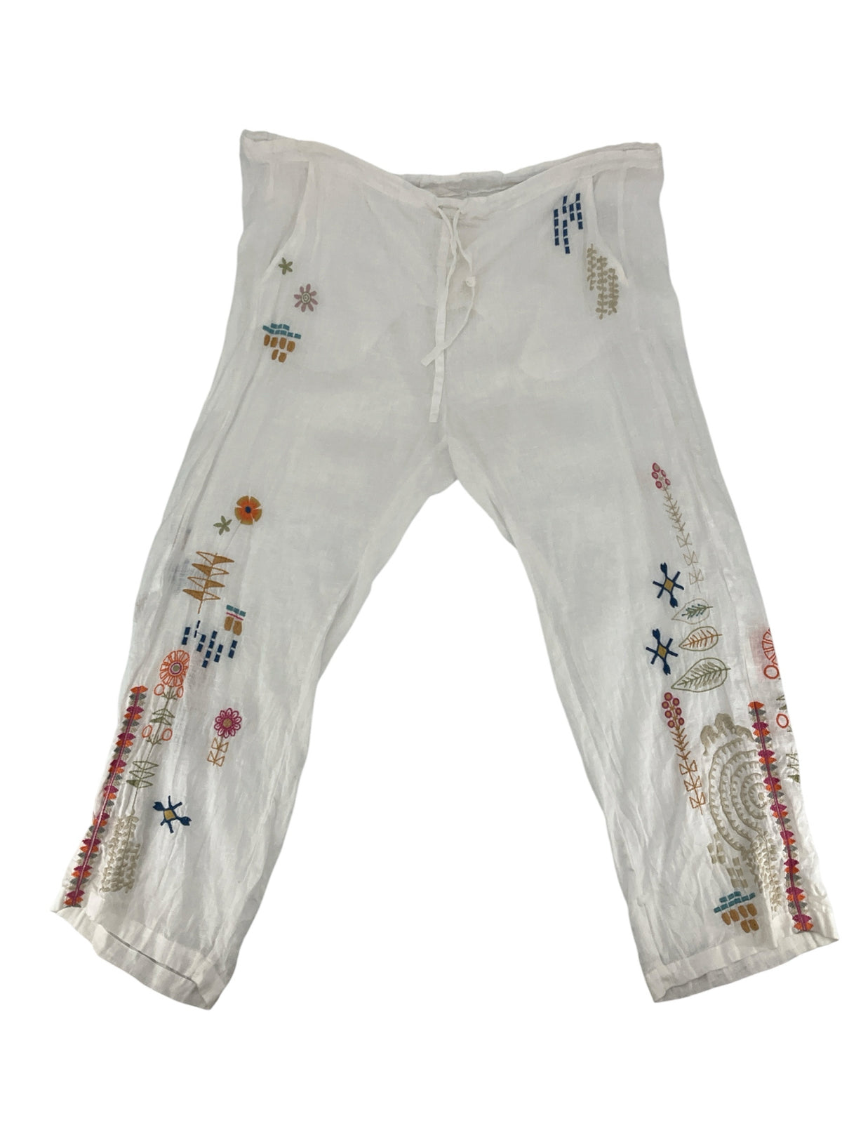 Johnny Was Asha White Linen Embroidered Wide Leg Pants Size XL - Downstairs