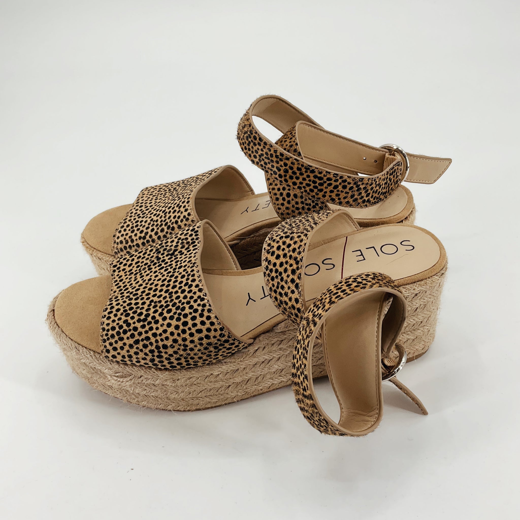 Sole Society Katarina Leopard Print Calf Hair Espadrille Wedge Sandals Size 6