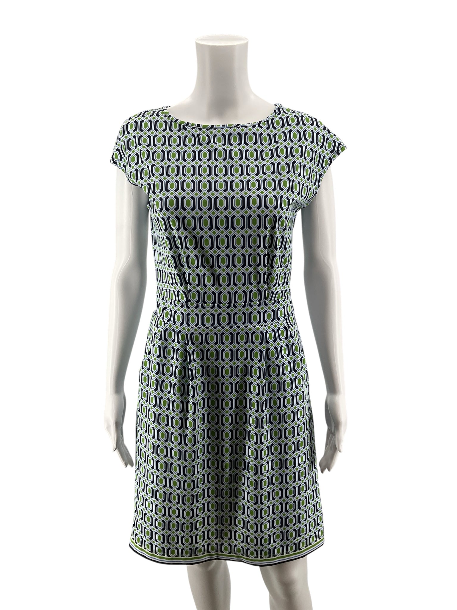 Jude Connally Tinsley Dress XS White Blue Green Geometric Hexagon Print Cap Sleeve