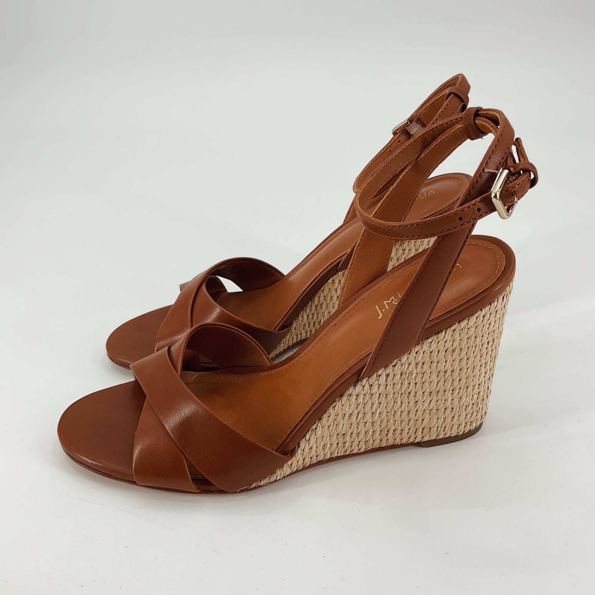 J. Marc Cognac Espadrille Wedge Sandals with Rhinestone Ankle Strap | Size 9.5