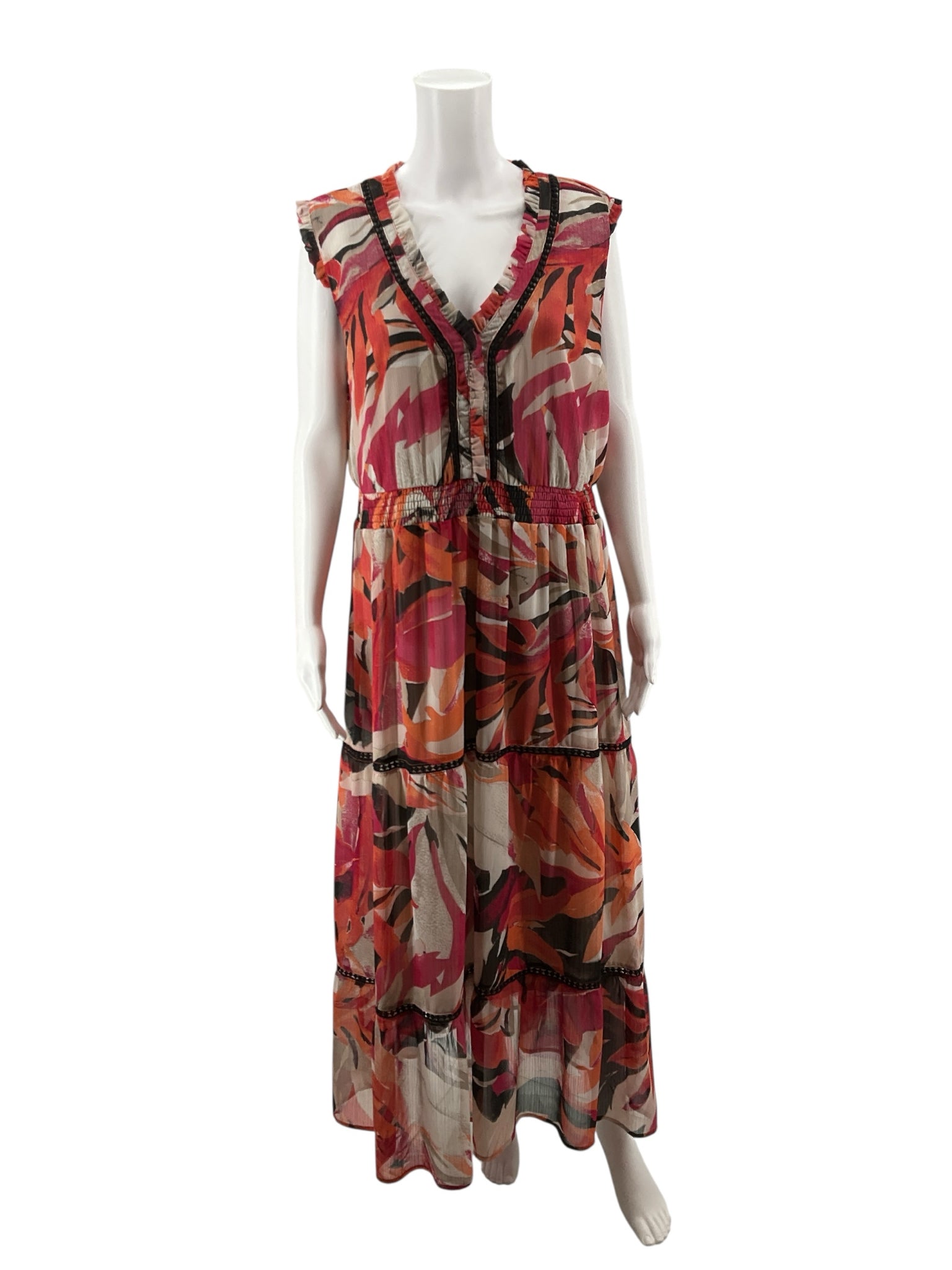 John Paul Richard tan/coral/pink Maxi Tropical Floral Ruffle Trim Maxi Dress Size Large - Size L