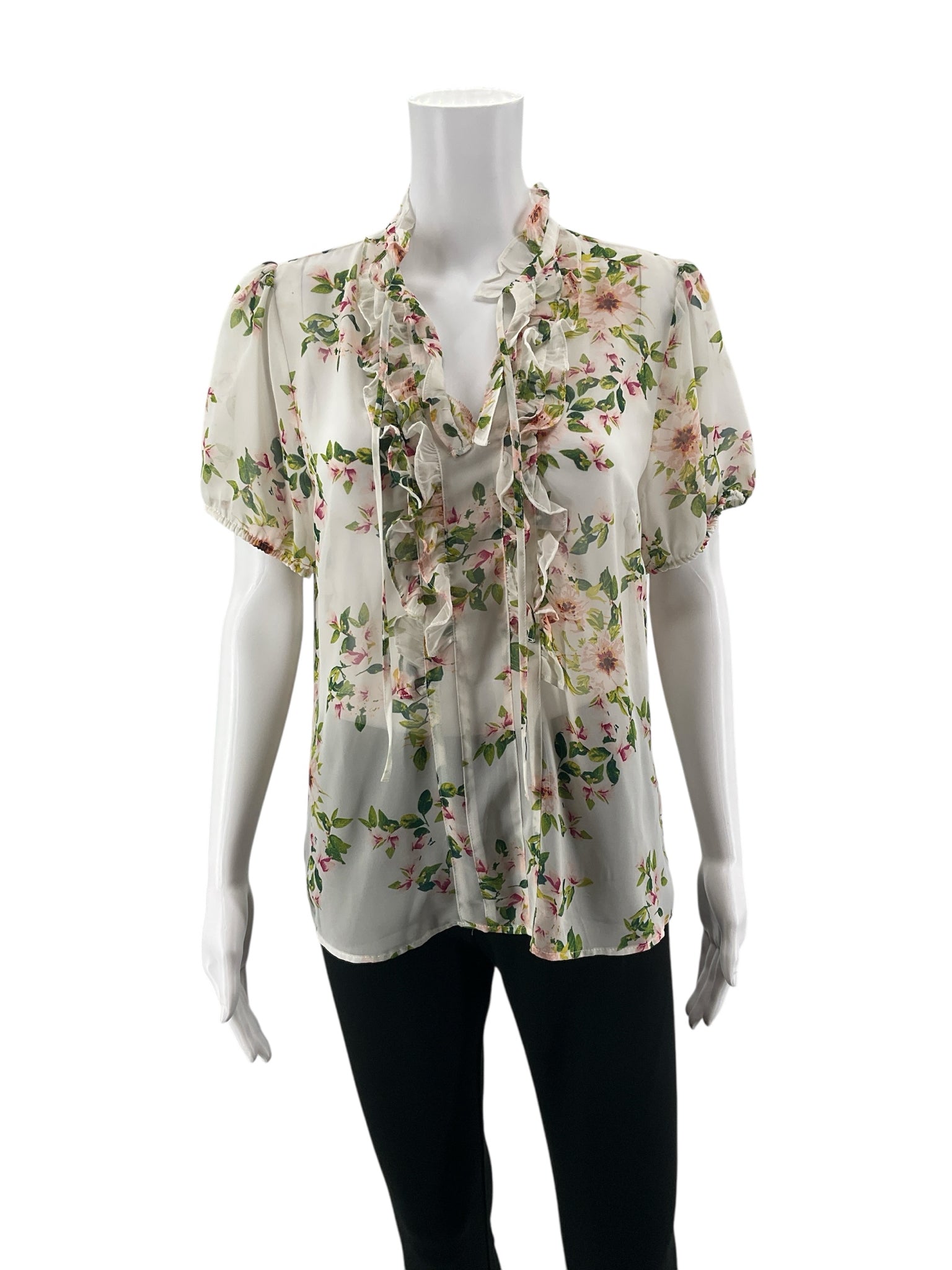 Eva Mendes for New York & Company white/green/pink Short Sleeve Floral Ruffle Tie-Neck Blouse Size Medium NWT - Size M
