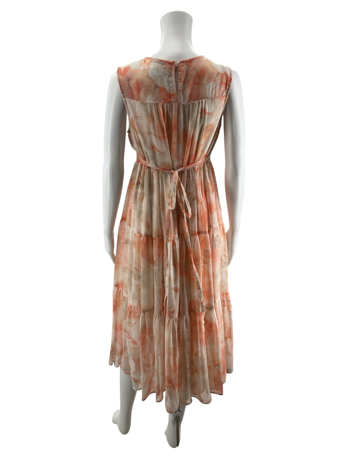 Calvin Klein Peach Floral Tiered Chiffon Midi Dress | Size 4 - ONLINE ONLY