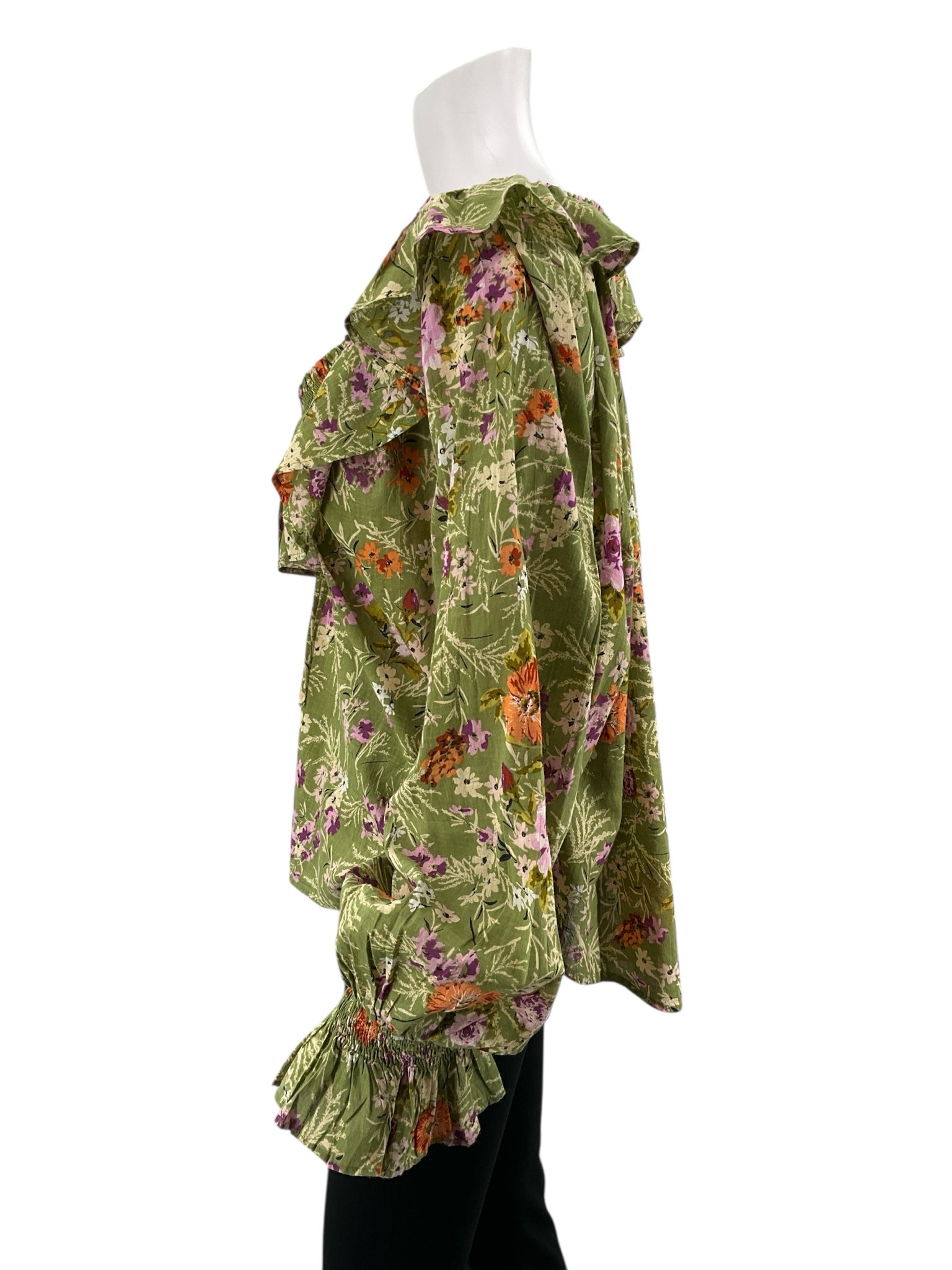 Anthropologie Green/purple/white Long Sleeve Green/Purple/White Floral Pre-Owned Casual Top - Size Large - Size L