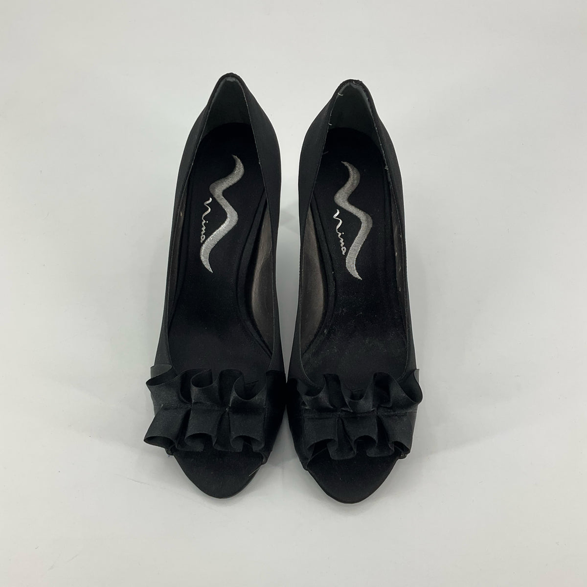 Nina Forbes Black Satin Ruffle Peep Toe Platform Heels Size 8 - ONLINE ONLY