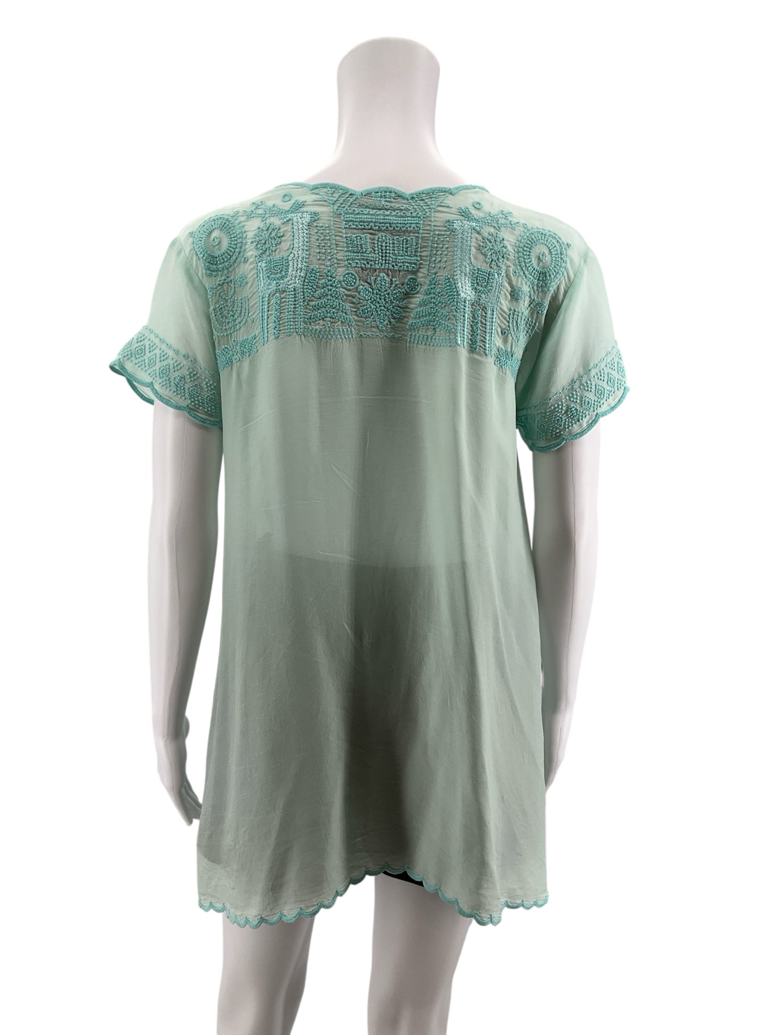 Johnny Was Shiro Aqua Embroidered Flutter Sleeve Tunic Top | Size XS
