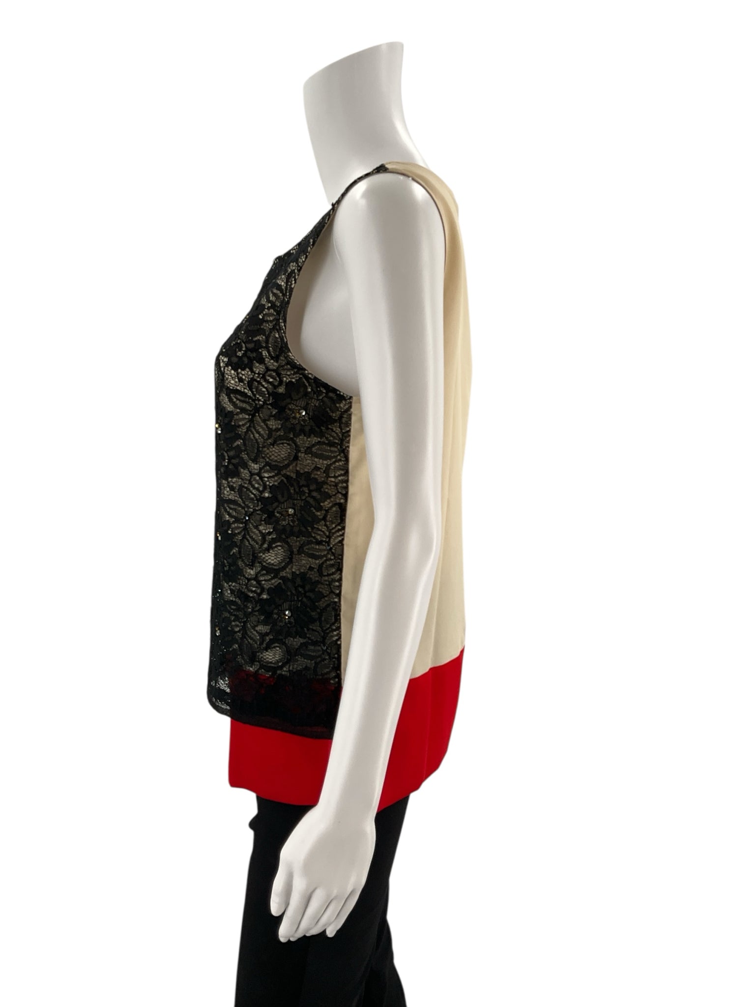 Ann Taylor Black Floral Lace Sequin Top Red Hem Size 6