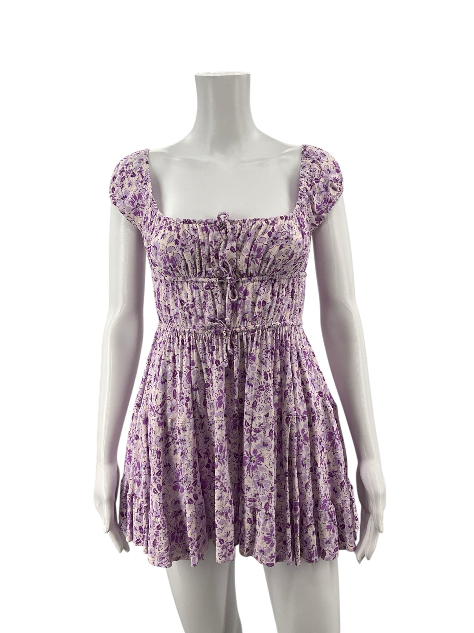 Sky To Moon purple/white Babydoll Purple Floral Puff Sleeve Babydoll Mini Dress Size Small - Size S