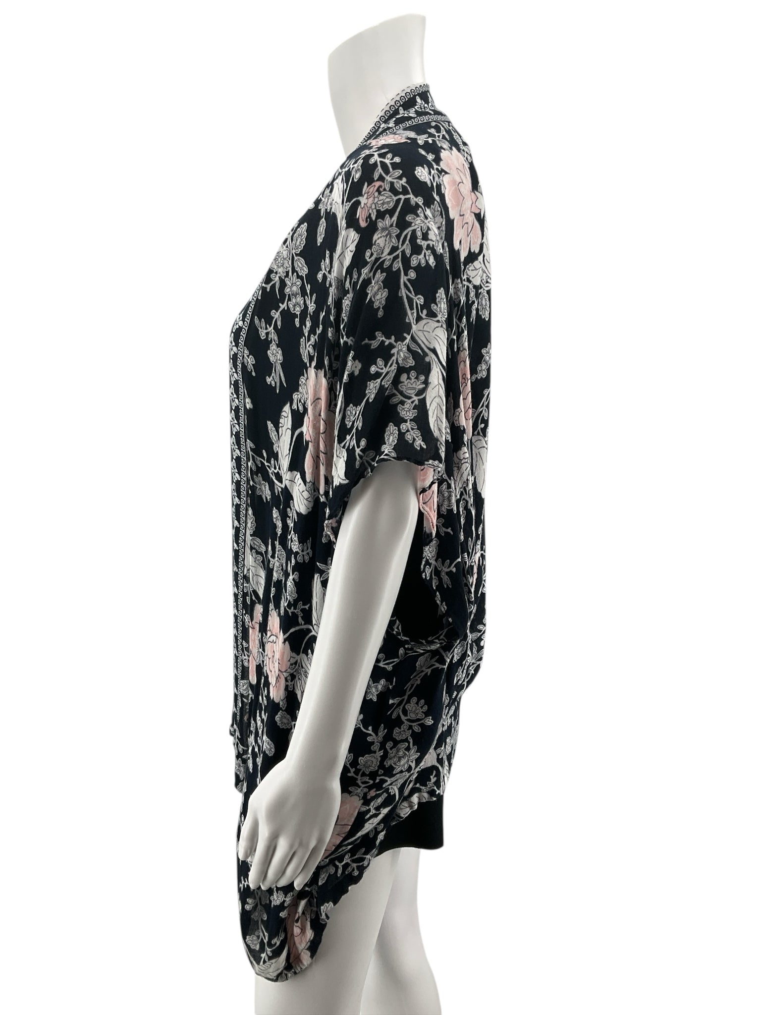 LOFT Floral Kimono Shrug Open Front Cardigan Navy Pink XS/S
