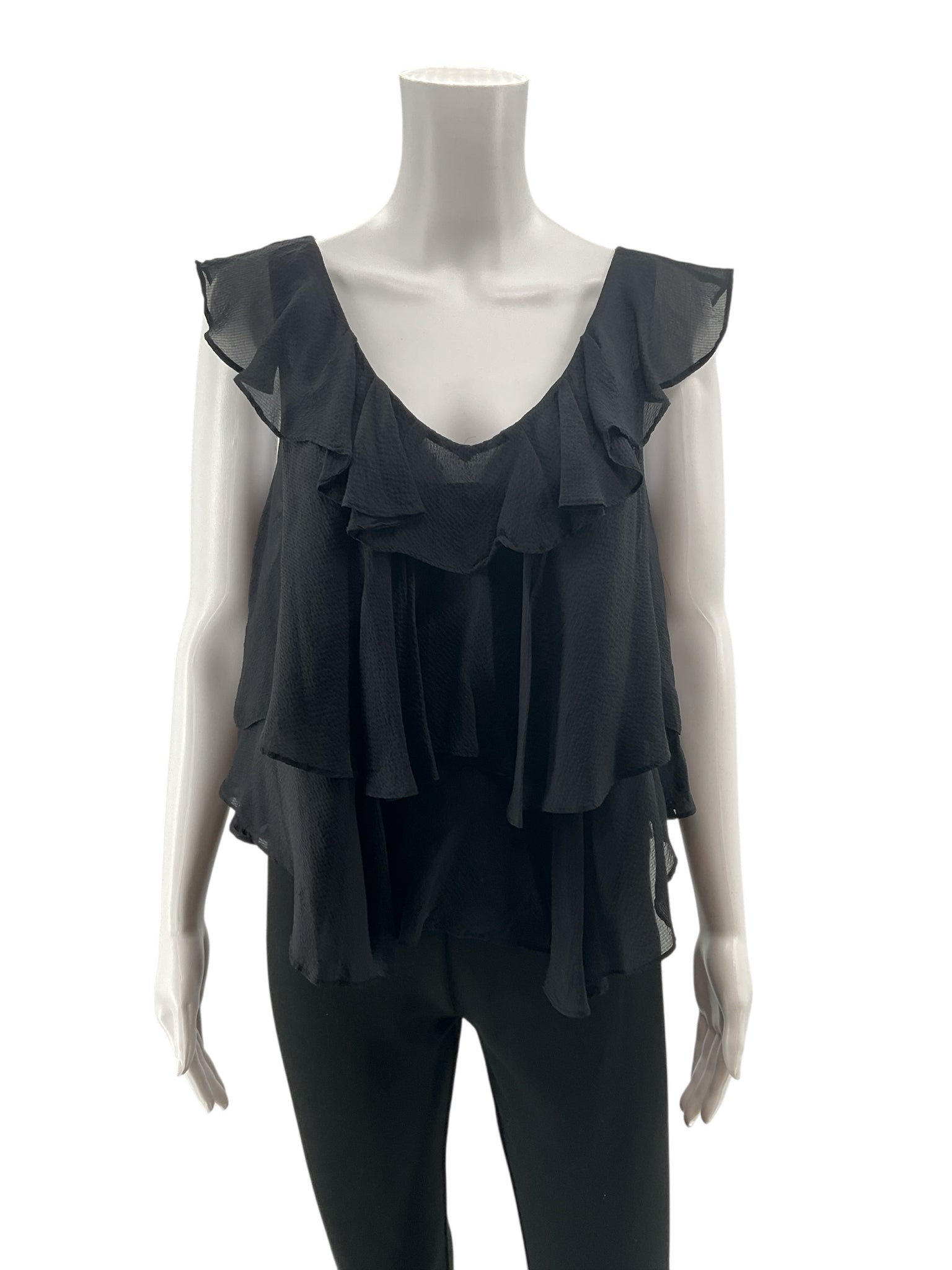 Twelfth Street by Cynthia Vincent Black Silk Cascading Ruffle Top Size 4