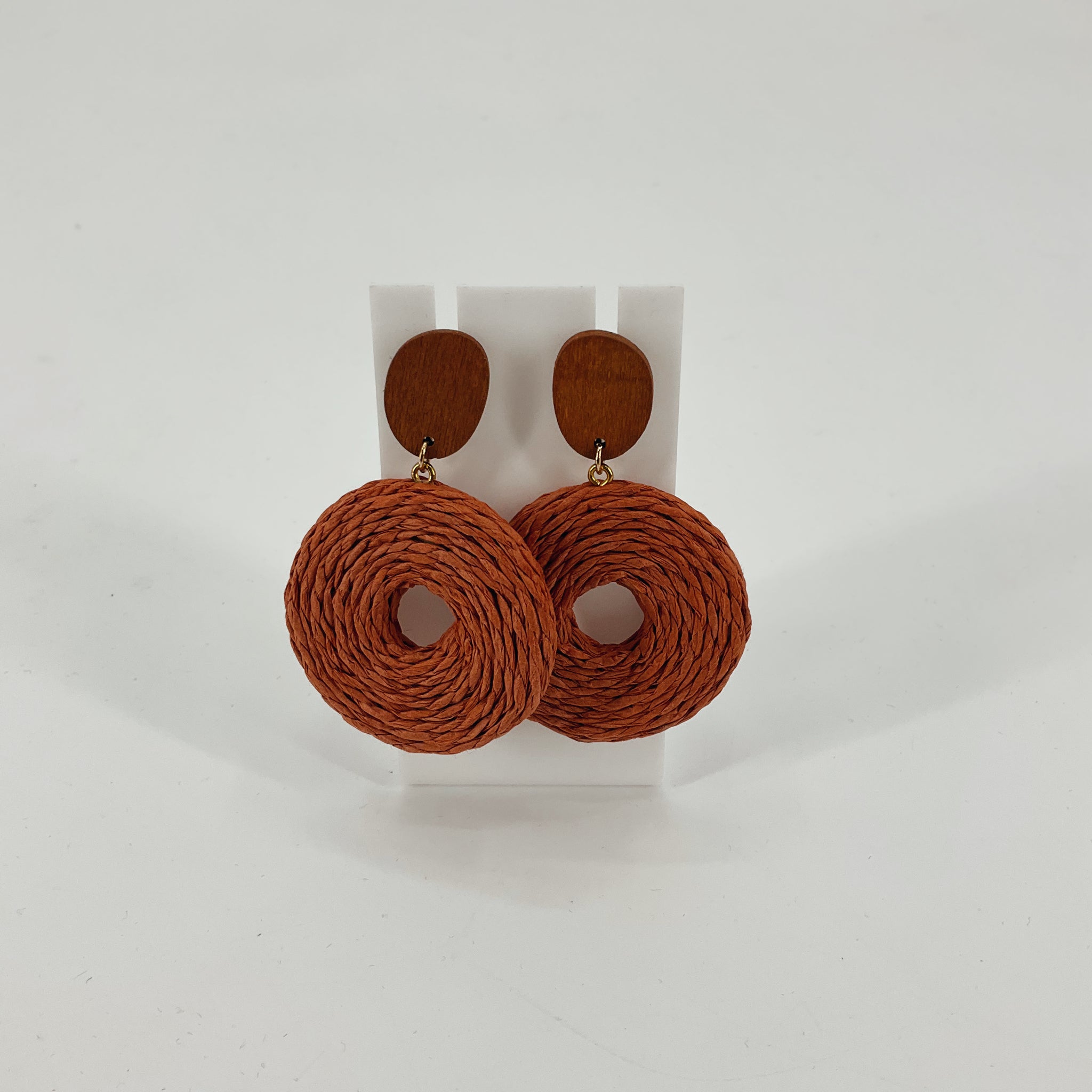 Unbranded Earrings Wood & Terracotta Raffia Woven Donut Drop Earrings | Bohemian Style