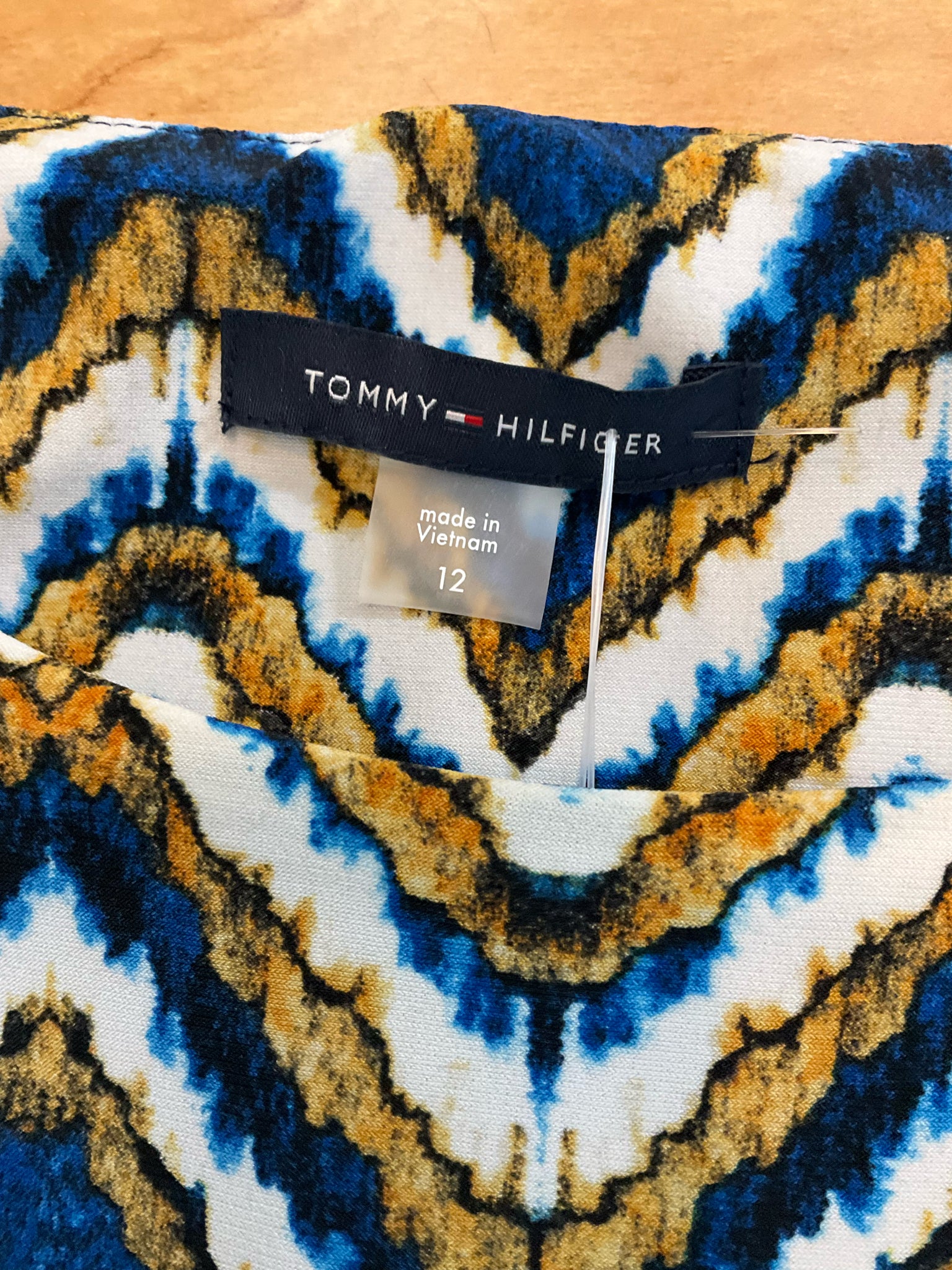 Tommy Hilfiger Blue & Gold Geometric Diamond Print Sleeveless Shift Dress | Size 12