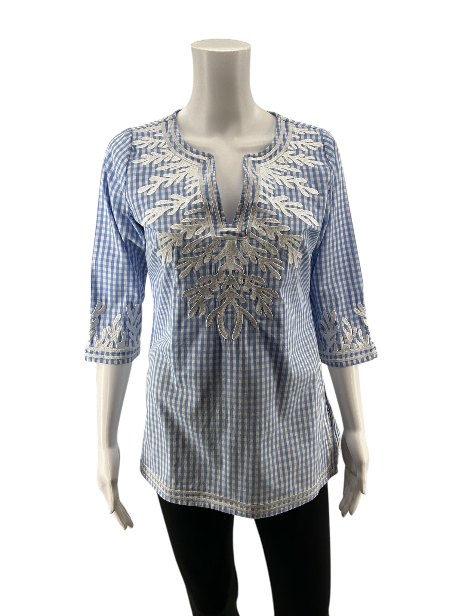 Gretchen Scott blue/white 3/4 Sleeve Gingham Embroidered Tunic Top Blue White Checkered Size XS - Size XS
