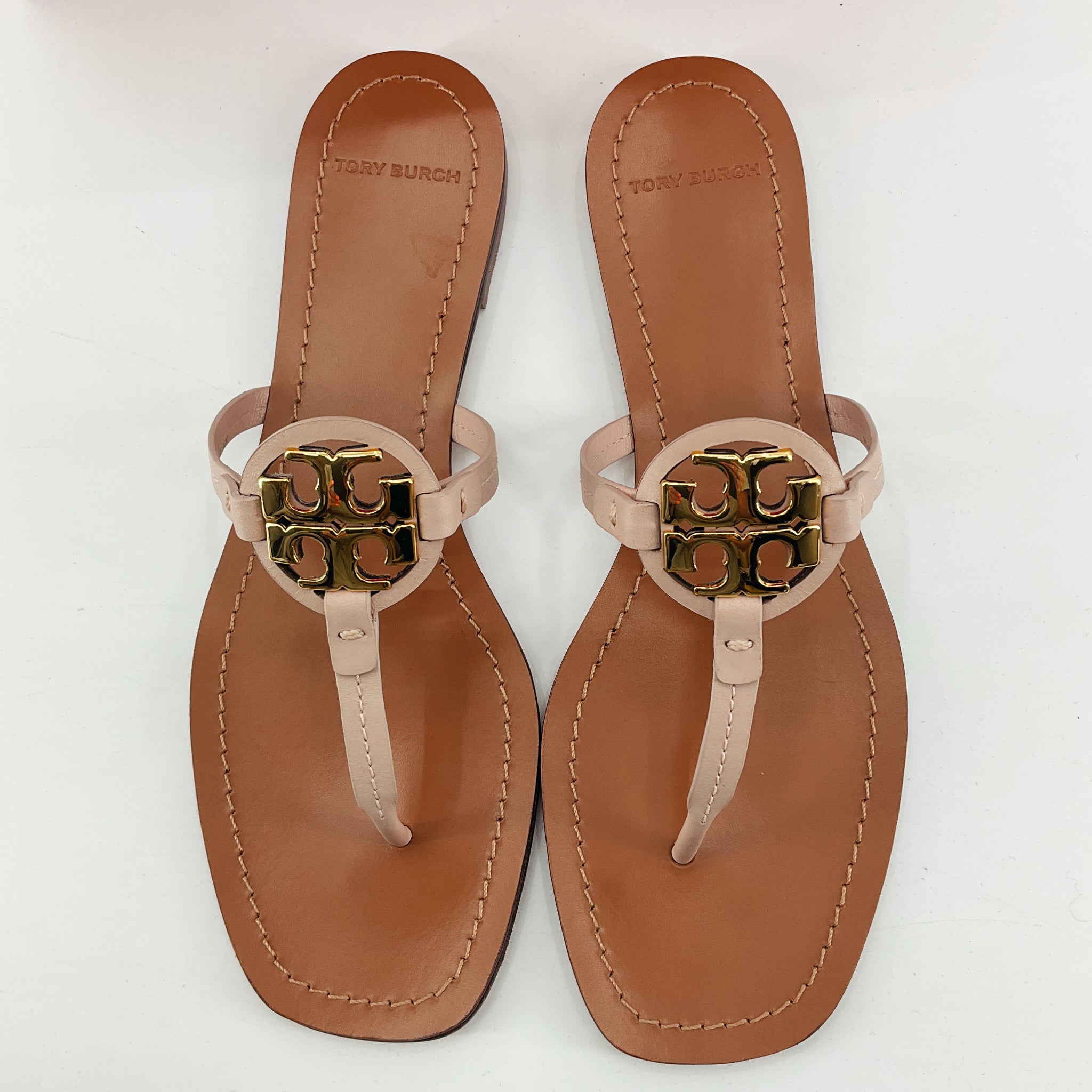 Tory Burch Miller Leather Sandals Blush Pink Gold Logo Size 9.5