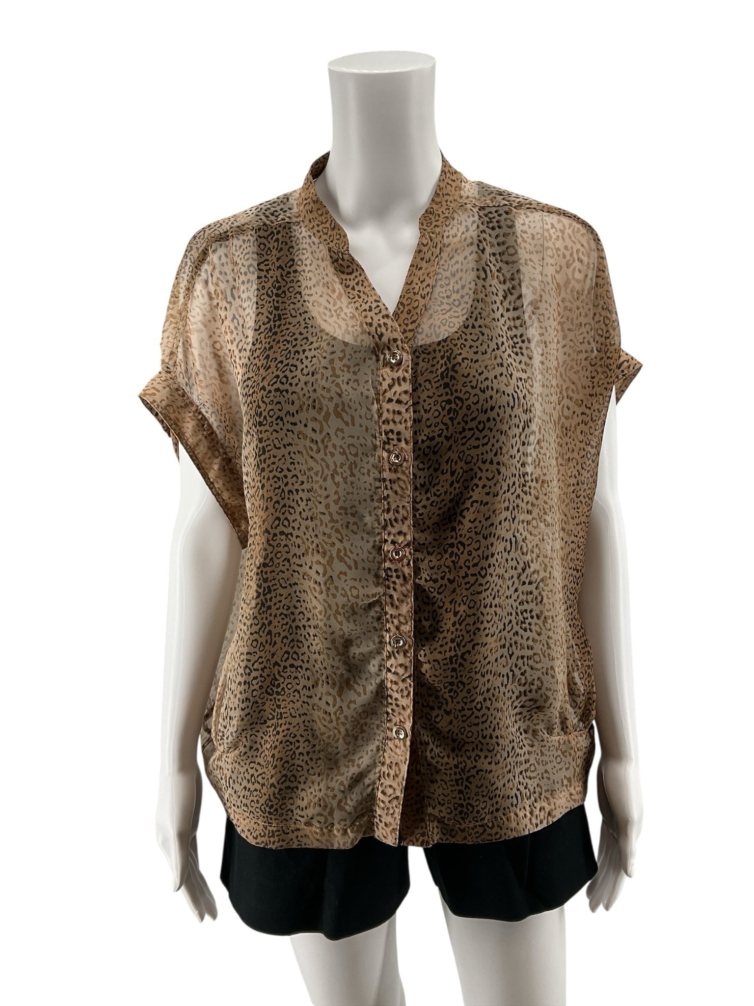 Blu Pepper Leopard Print Sheer Roll Tab Sleeve Blouse Top Brown Size Large