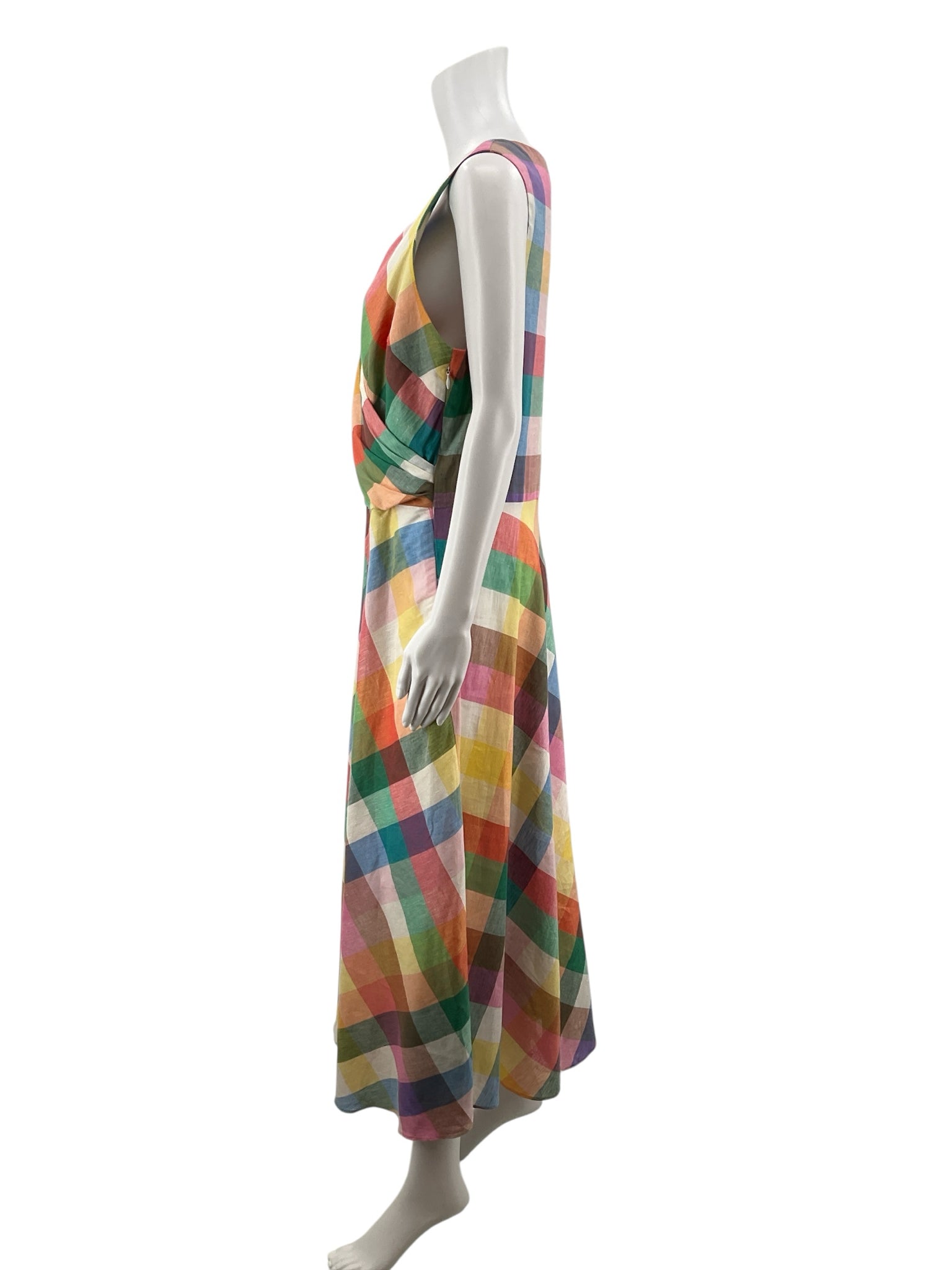 Jude Connally Multi Color Maxi Gingham Linen Blend Surplice Midi Dress Size Large - Size L