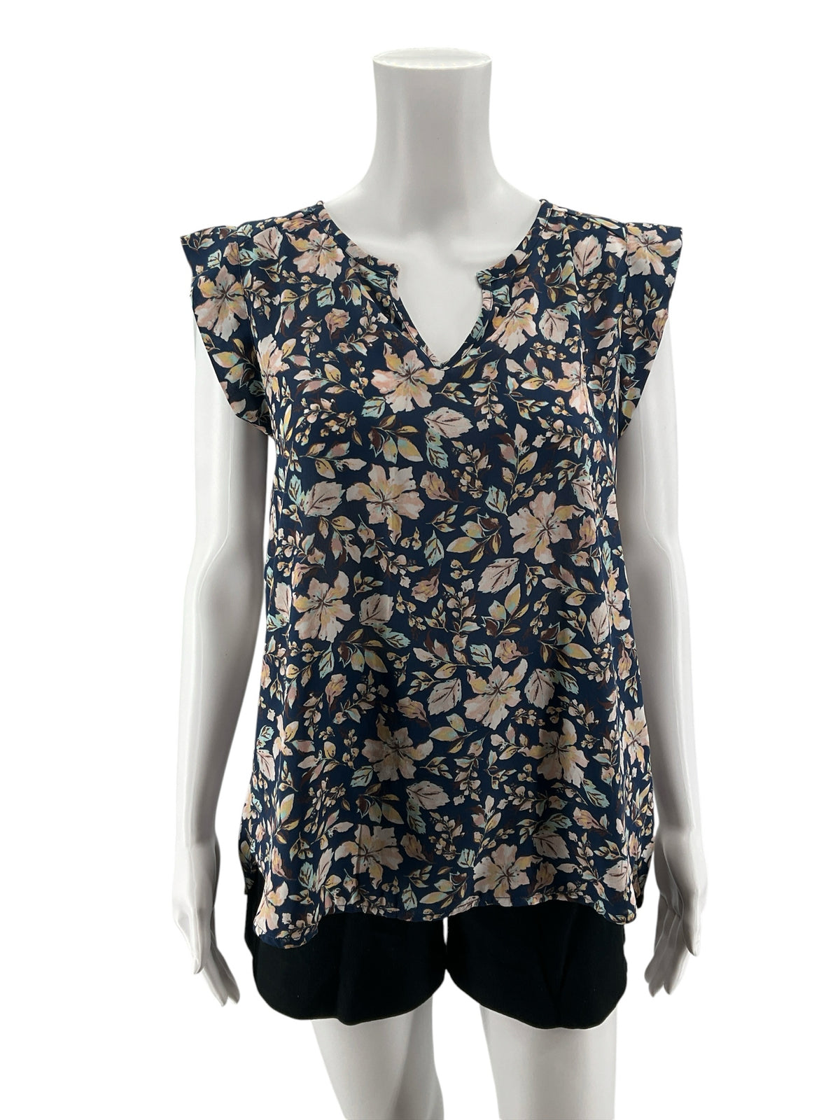 Pleione Floral Flutter Sleeve Blouse Navy & Blush Size XS - Downstairs