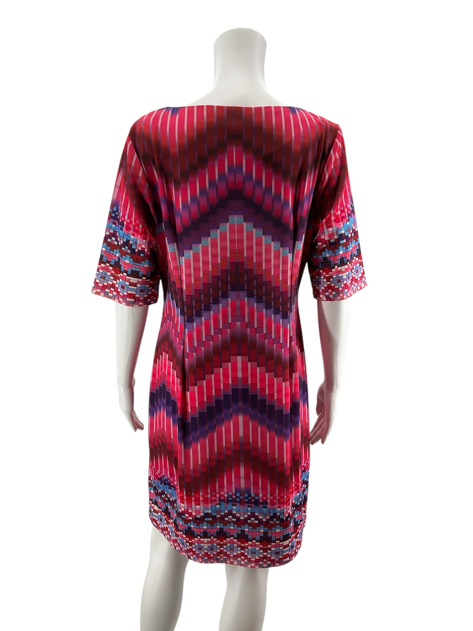 Aryeh Abstract Pixel Print Shift Dress Size Large | Pink Blue Geometric Stretch Knit