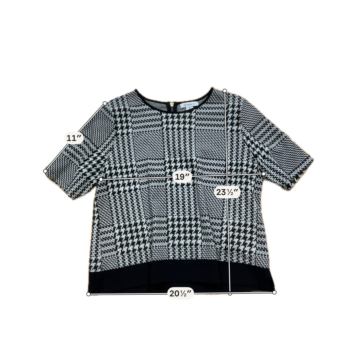 Liz Claiborne Houndstooth Jacquard Knit Tunic Top XL Black Gray Short Sleeve