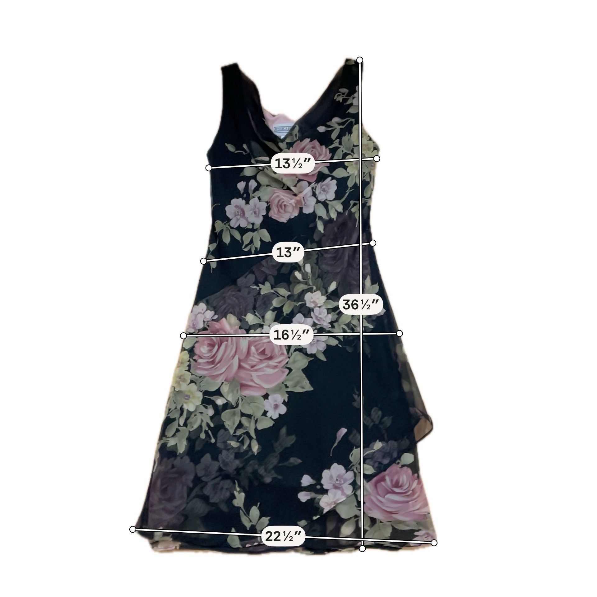 Jessica Howard Black & Rose Gold Floral Cowl Neck Asymmetrical Dress Size Small