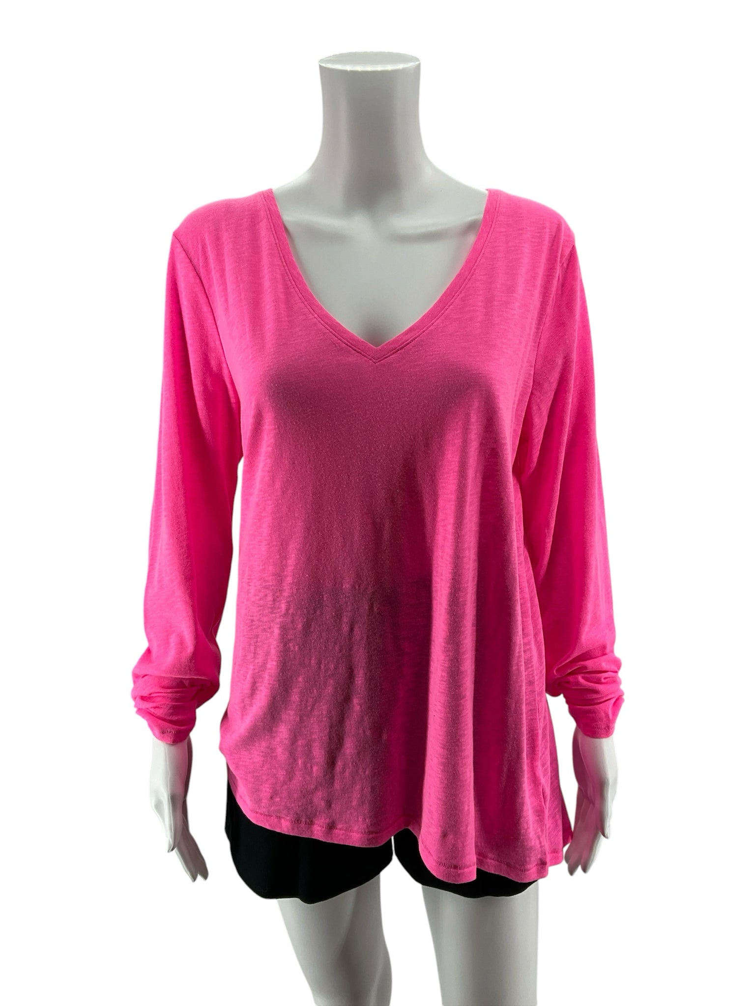 Lilly Pulitzer Etta V-Neck Tee Hot Pink Long Sleeve Slub Top Size Large