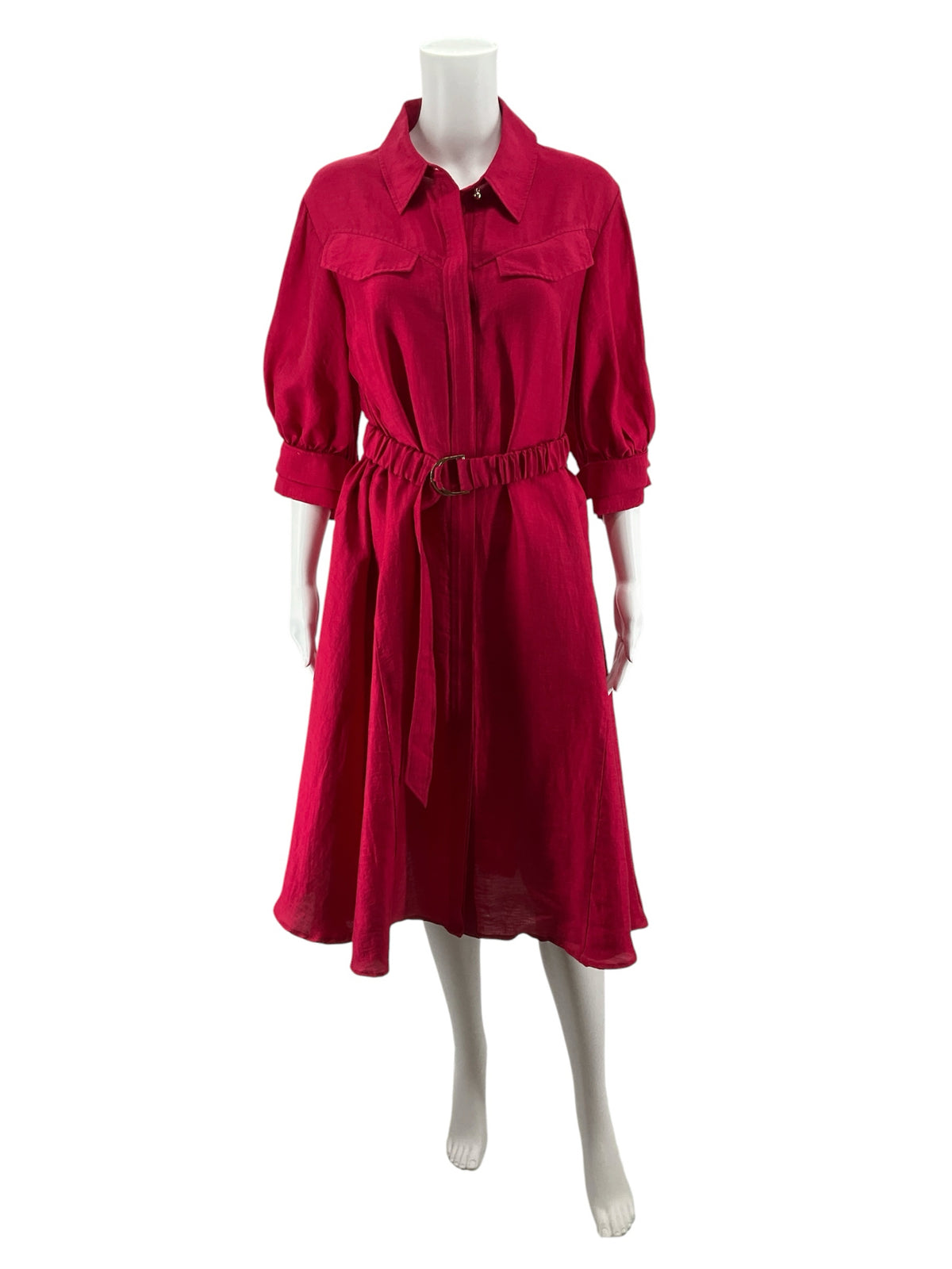 Acler Banks Fuschia Linen-Blend Belted Midi Shirtdress Size 8 - ONLINE ONLY