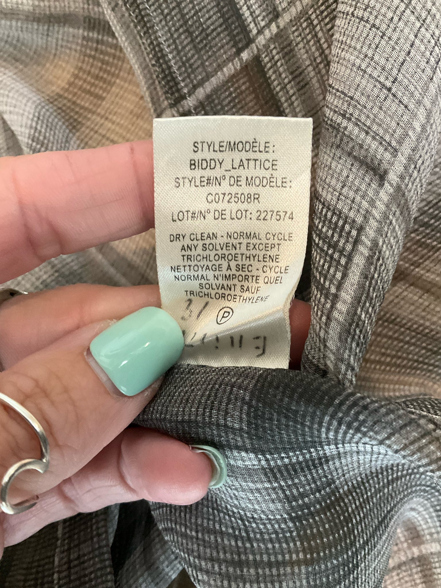 Theory Biddy Lattice Plaid 100% Silk Button Down Blouse Gray Size P Petite