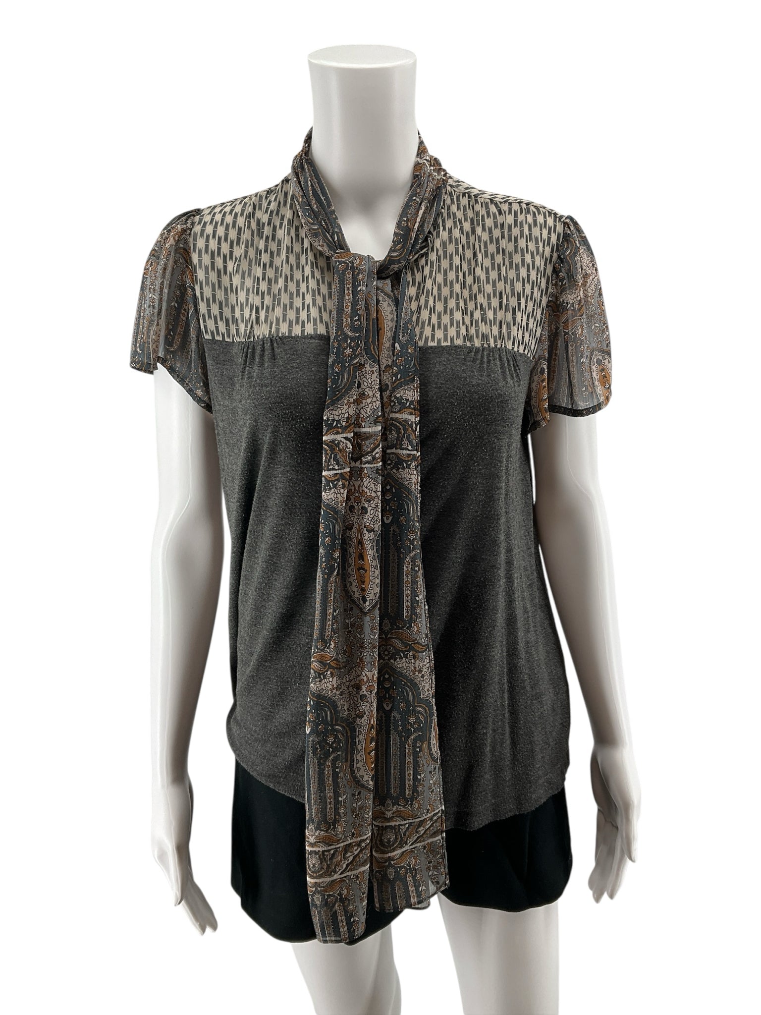 Tiny Anthropologie Mixed Media Tie Neck Flutter Sleeve Blouse Top XS
