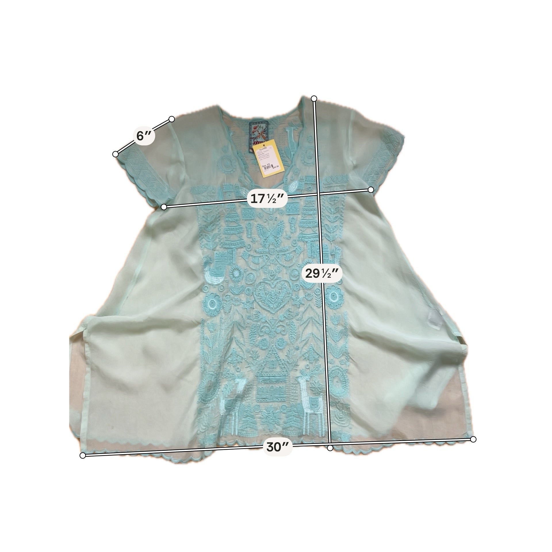 Johnny Was Shiro Aqua Embroidered Flutter Sleeve Tunic Top | Size XS