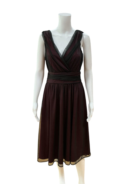 Cami V-Neck A-Line Midi Cocktail Dress Black Maroon Mesh Size 10