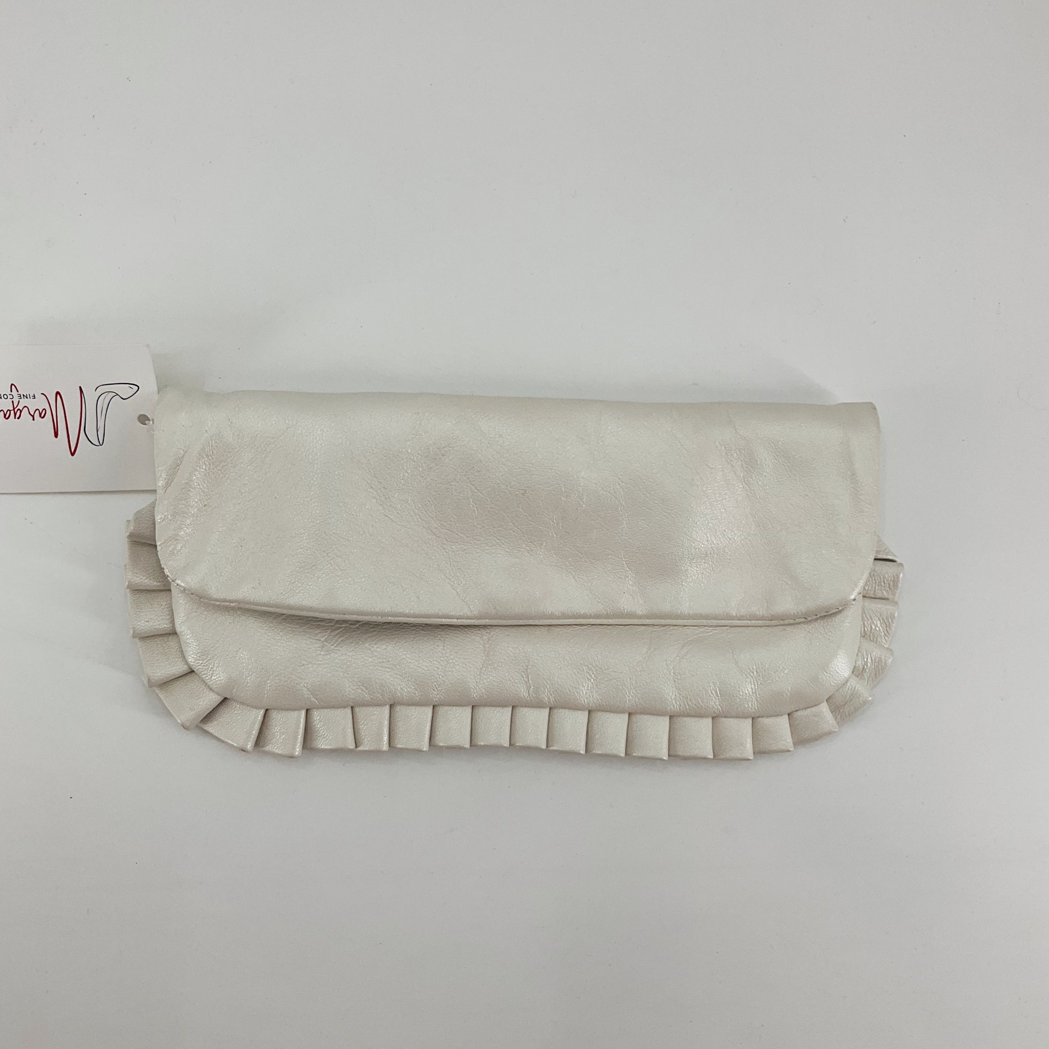 Maeve by Anthropologie Ruffled Fine Cowhide Leather Clutch Wristlet Cream