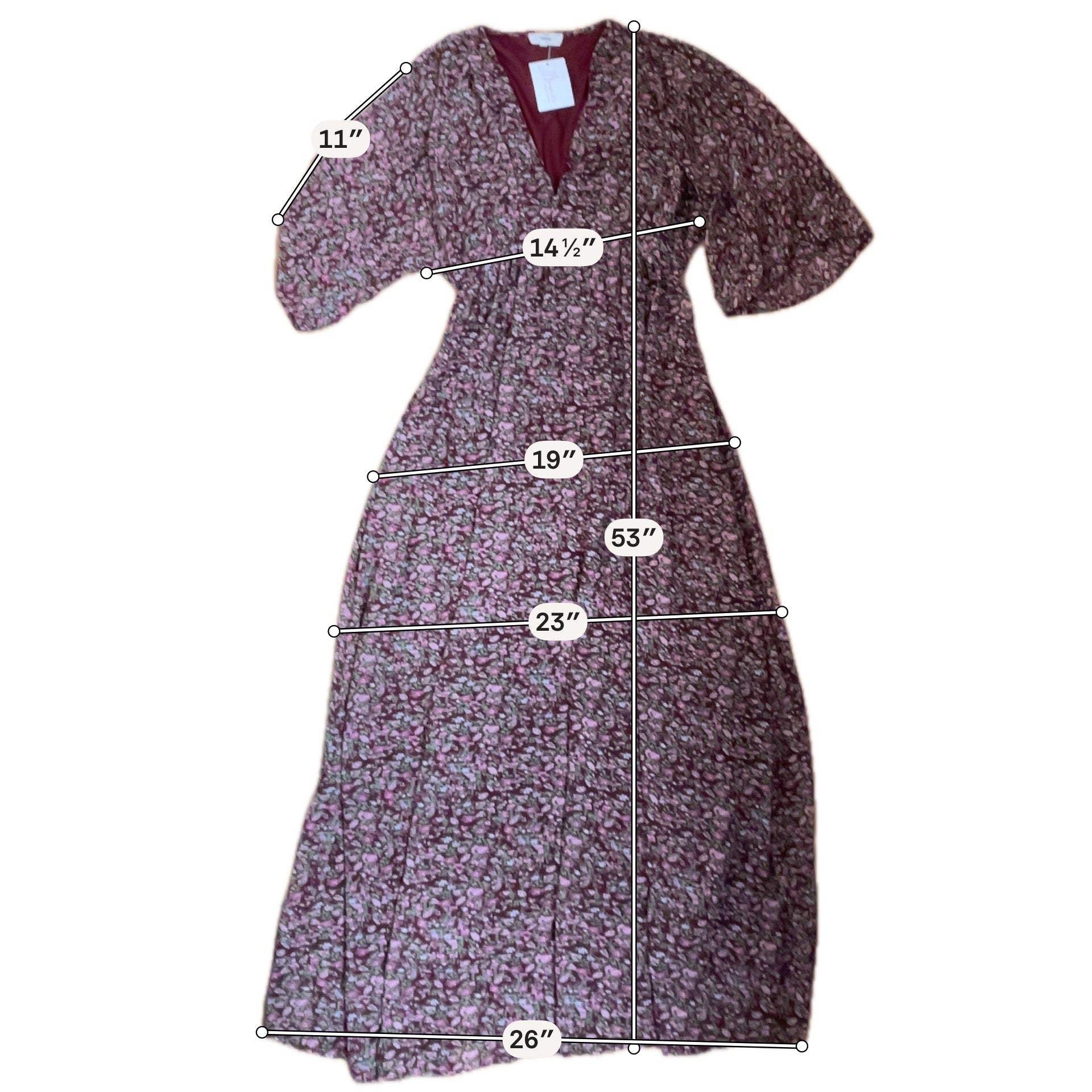 Entro Floral Flutter Sleeve Midi Dress Burgundy V-Neck Size Small