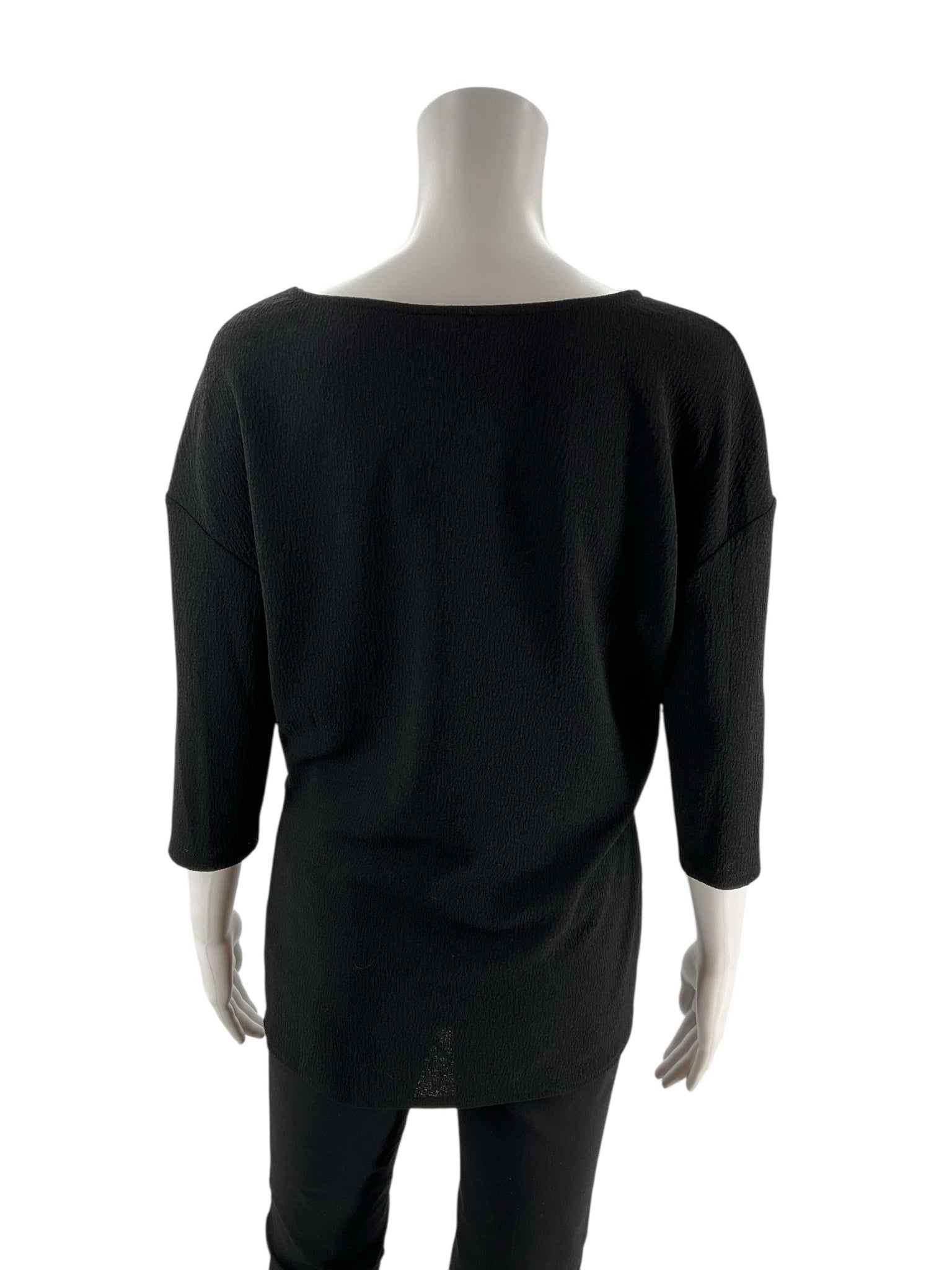 Vince Camuto black boat neck top with twist front, drop shoulder, and asymmetrical hem, size small, casual style.