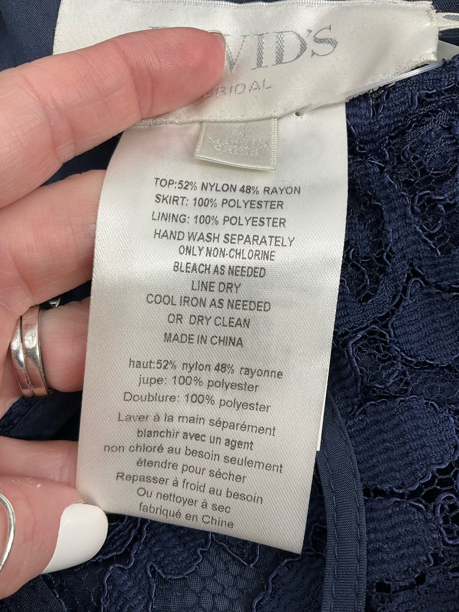 Davids Bridal Navy Lace Pre-Owned Ladies Dress- Size 4