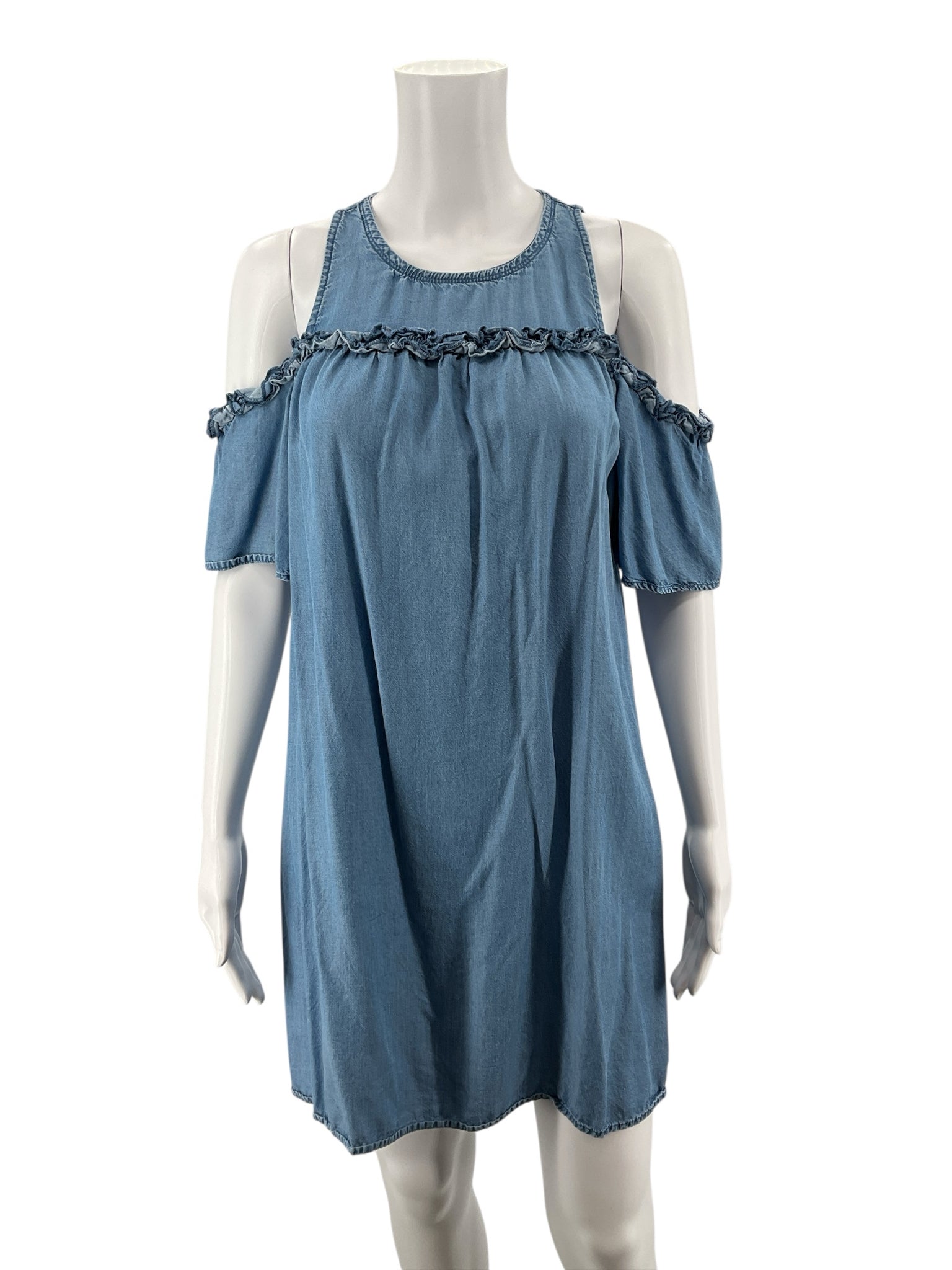 LC Lauren Conrad Blue Shift Chambray Ruffle Cold-Shoulder Dress Size Small - Size S