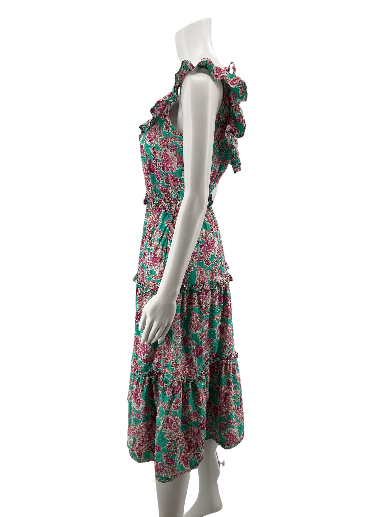 J.Crew Turquoise/Pink Maxi Ruffle-Strap Tiered Floral Paisley Midi Dress Cotton Size 0 - Size 0