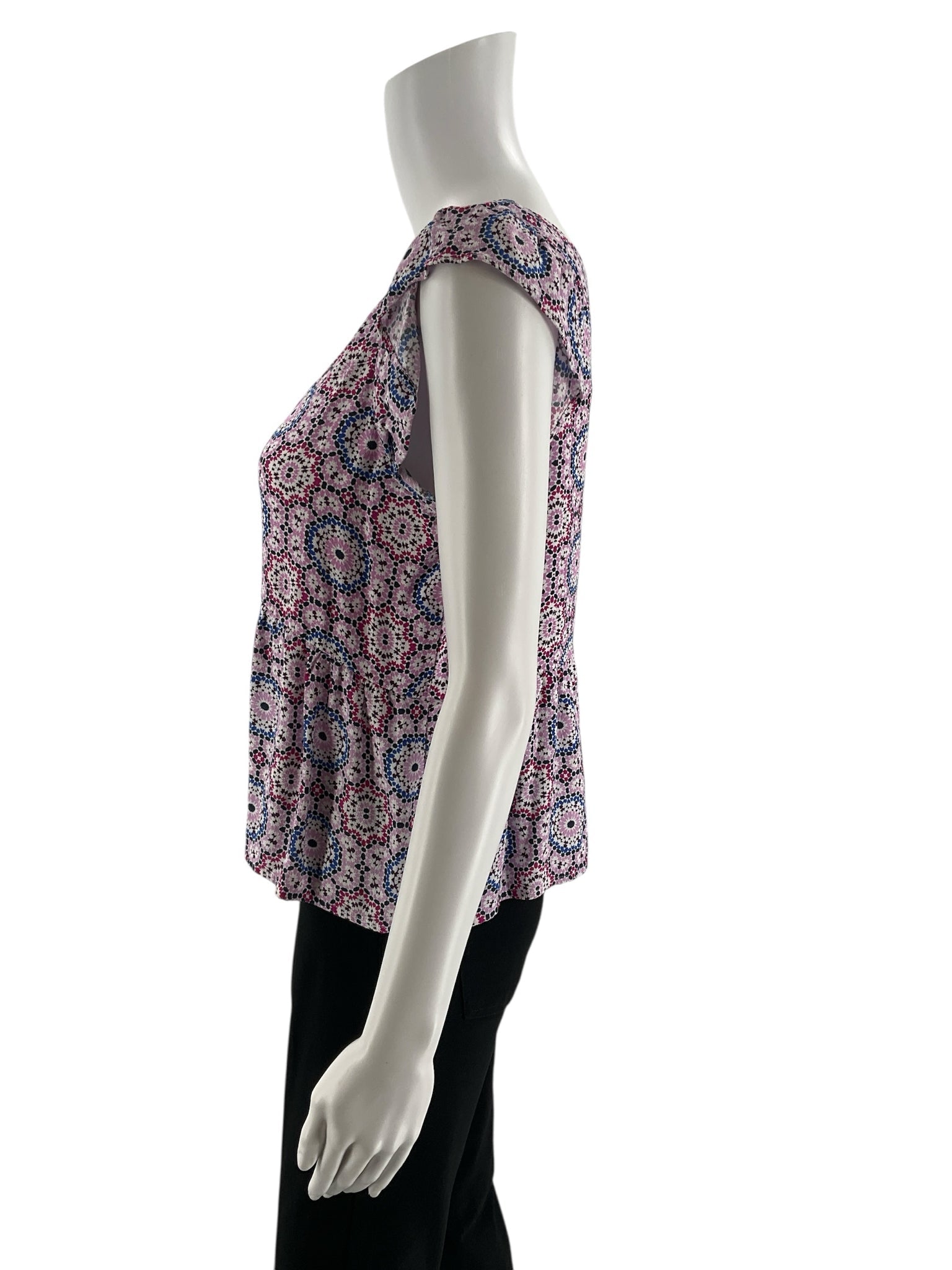 Loft lilac and multi print peplum top with flutter sleeves and V-neck in size small petite.
