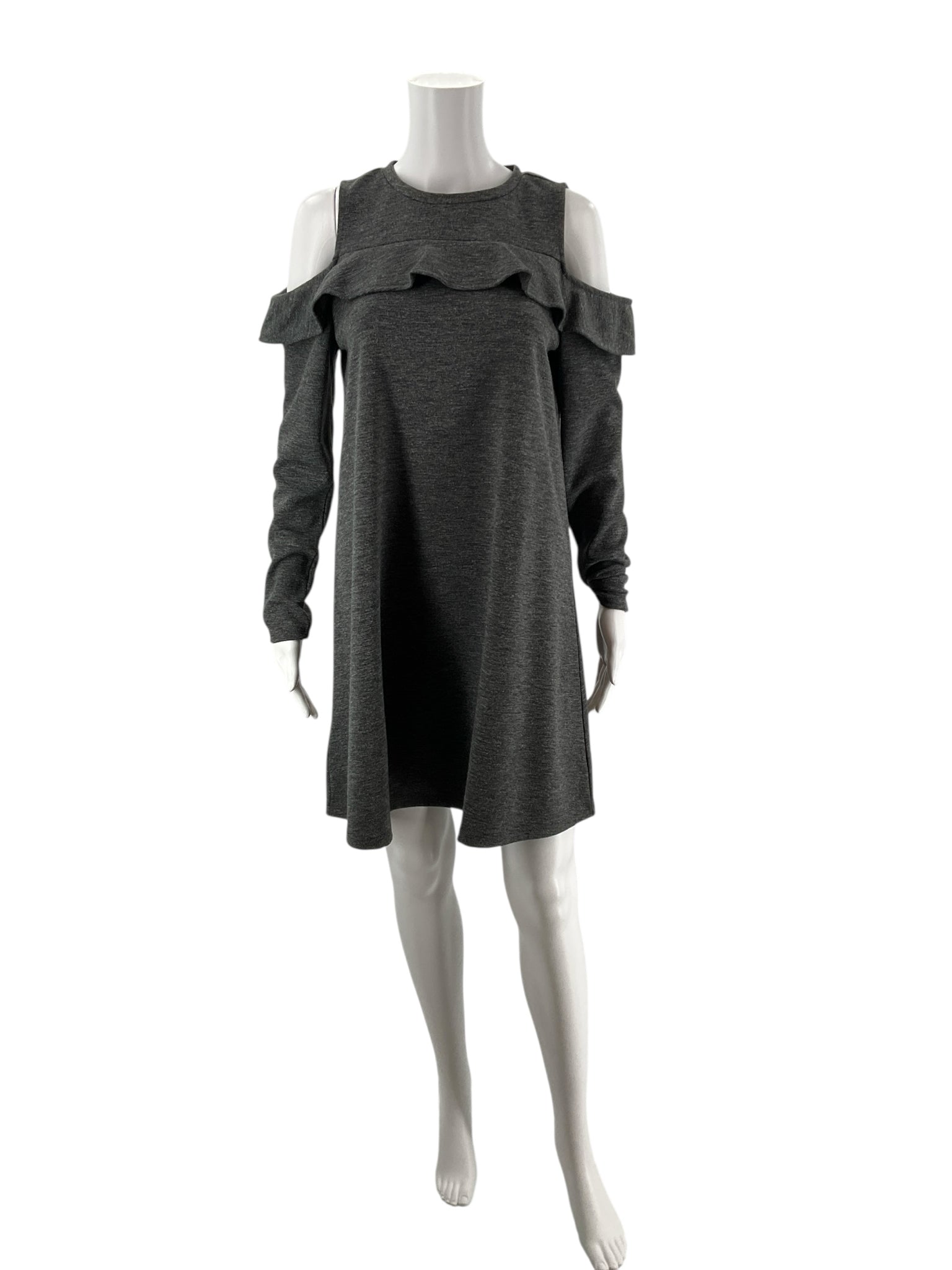 Gray heathered LOFT cold shoulder A-line dress with ruffles and keyhole back, size small, displayed on a neutral background.