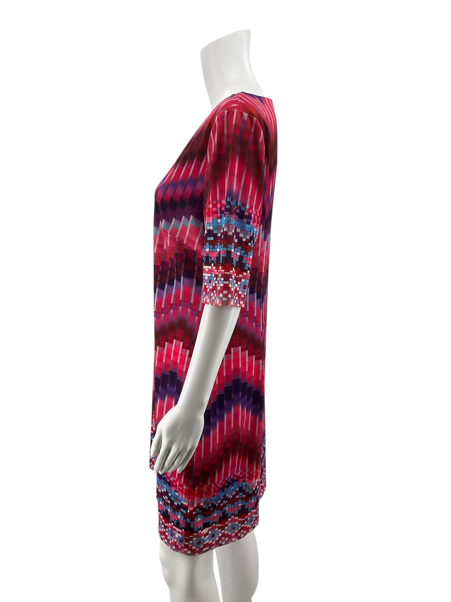 Aryeh Abstract Pixel Print Shift Dress Size Large | Pink Blue Geometric Stretch Knit