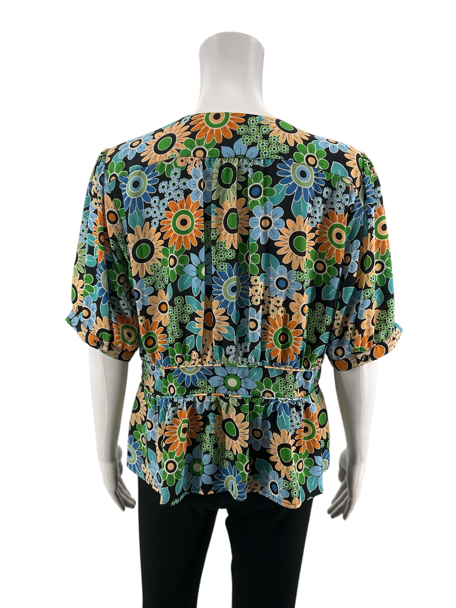 cabi blue/orange/green Peplum Heirloom Blouse Retro Floral Peplum V-Neck Top Size Medium - Size M