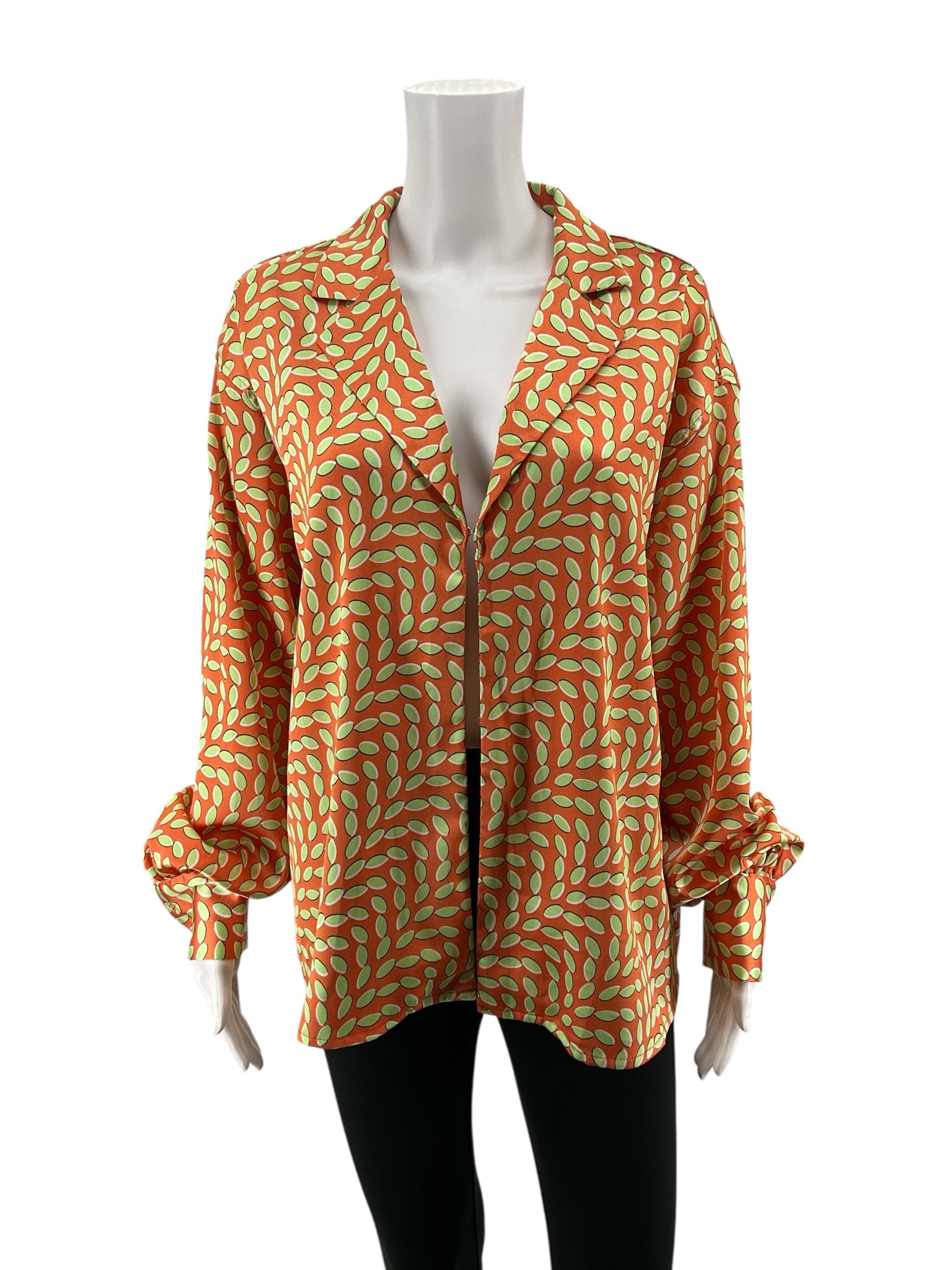 Bailey Rose Geometric Leaf Print V-Neck Blouse Orange Green Size Medium