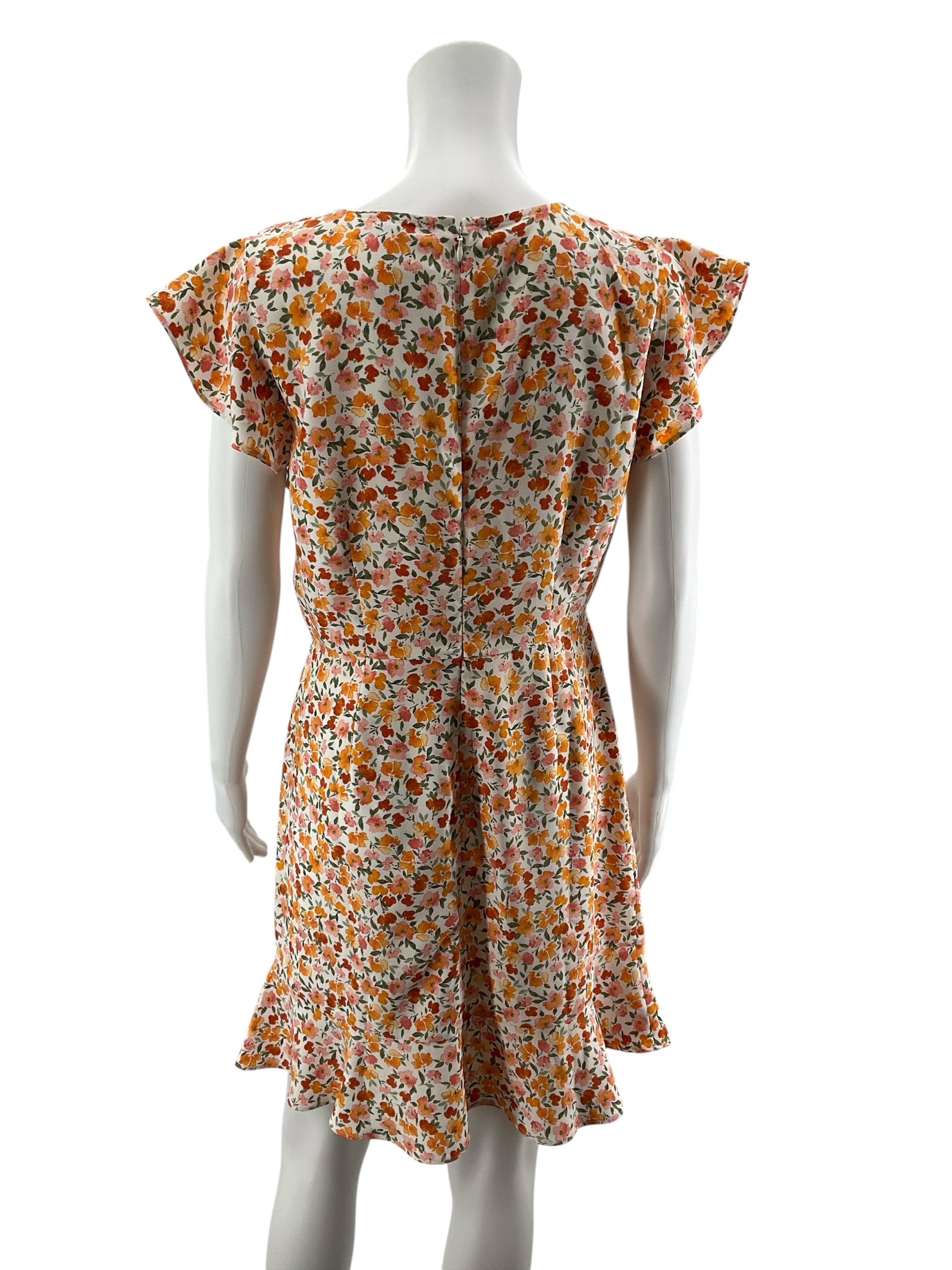 LOFT Outlet Floral Faux Wrap Ruffle Dress Cap Sleeve White Orange Pink Size 4