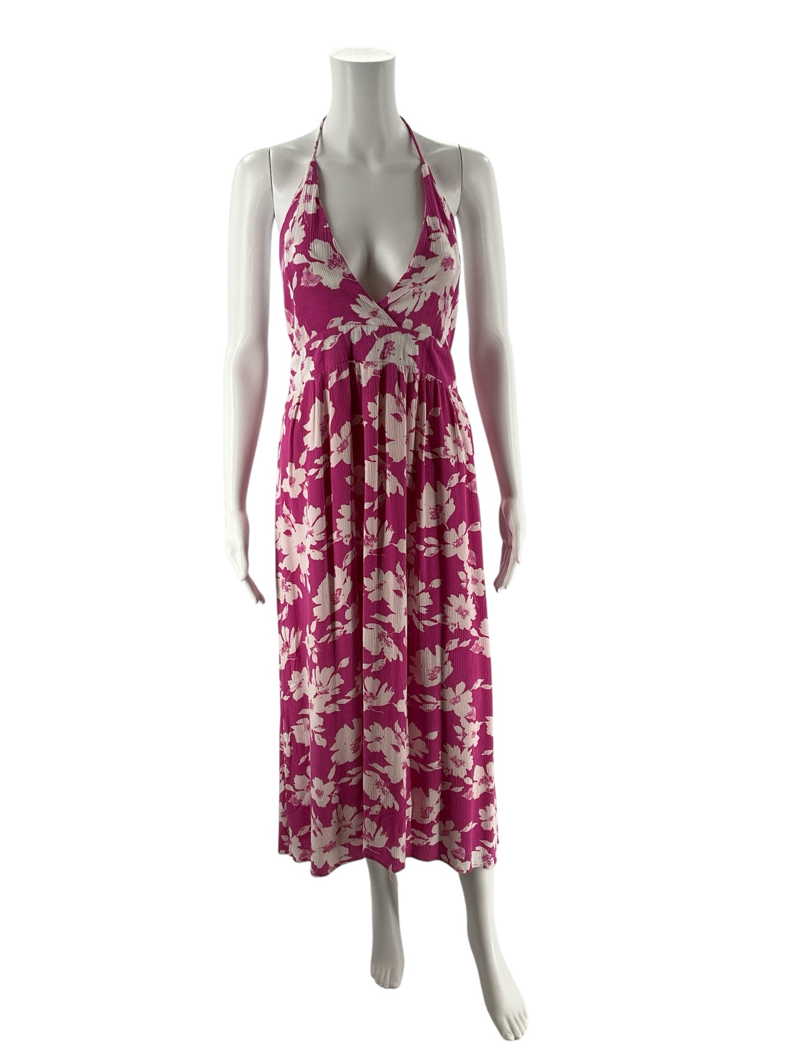 Lulus pink and white floral pre-owned ladies dress in size large, featuring a flowing design and delicate patterns.