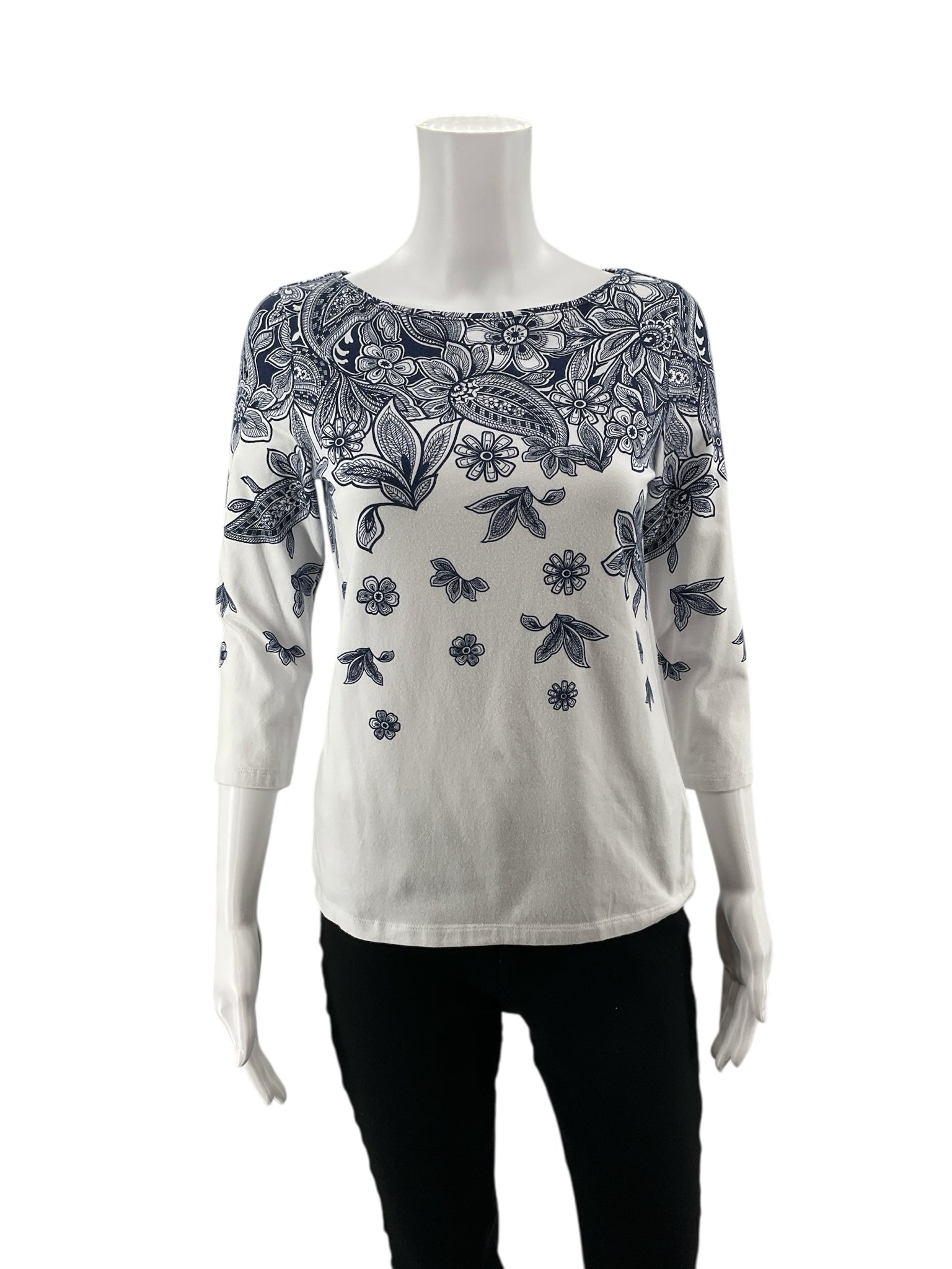 Talbots Navy/White Floral Pre-Owned Ladies Casual Top - Size Small Petite