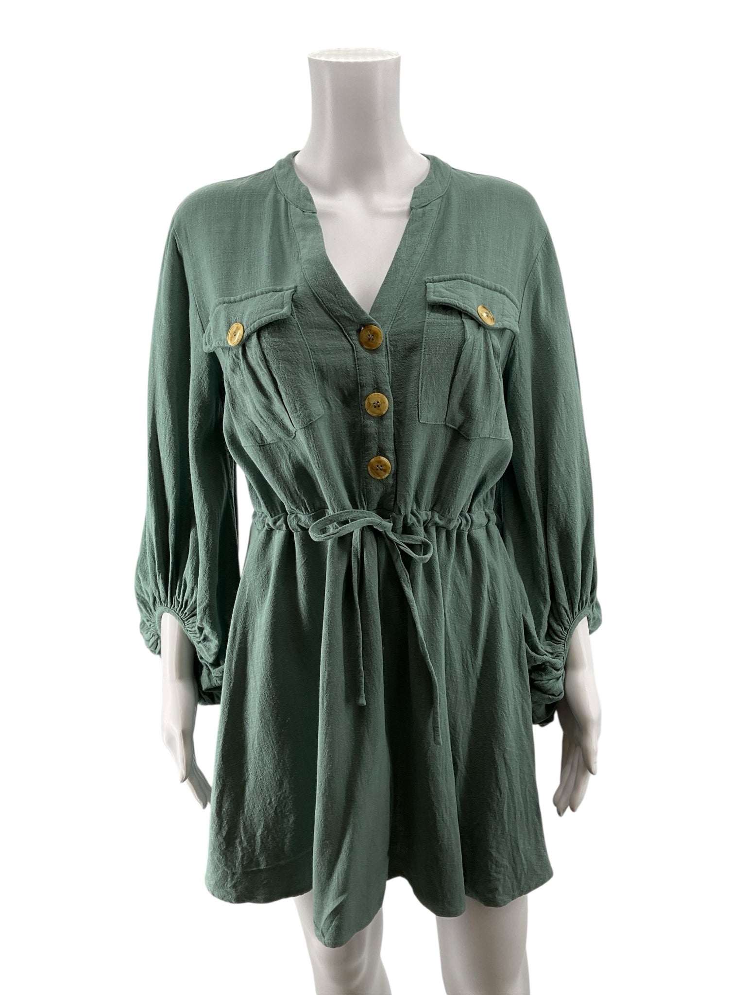 Entro Sage Green Linen Blend Button-Front Mini Dress | Size Small