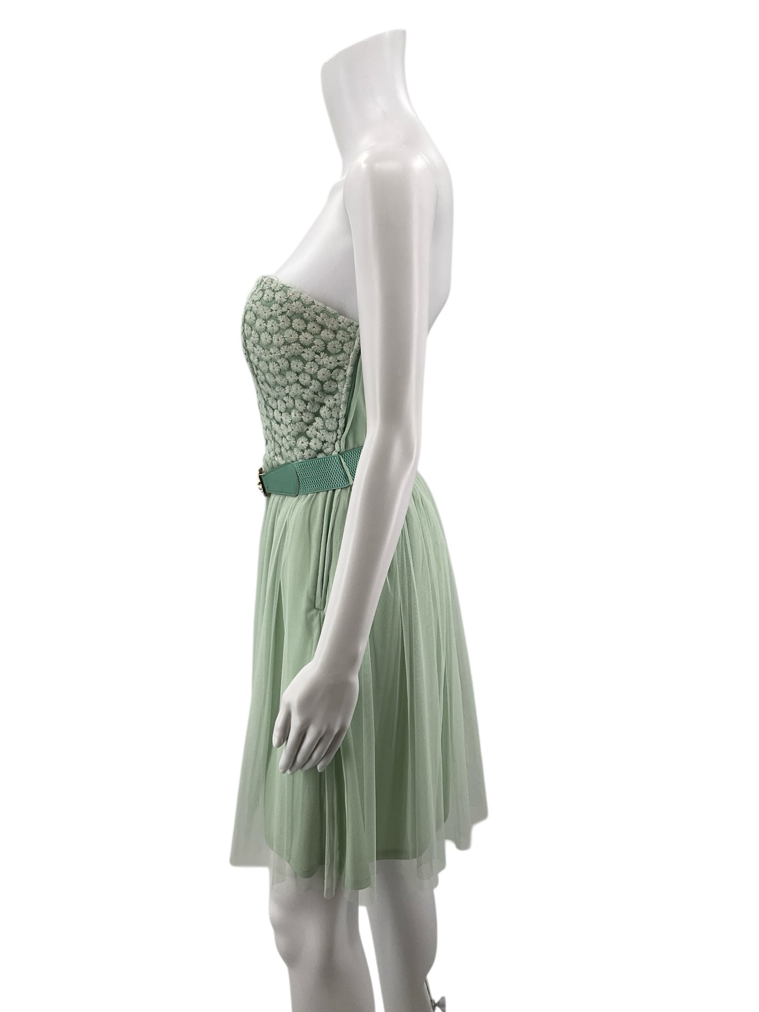 Mystic sage Mini Sage Green Strapless Tulle Dress Embroidered Bodice Medium - Size M