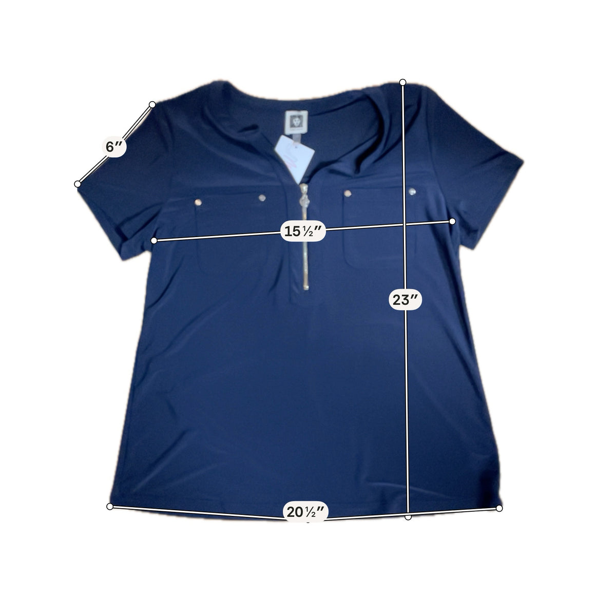 Anne Klein Navy Blue Gold Zip Short Sleeve Top Blouse Size Medium - ONLINE ONLY
