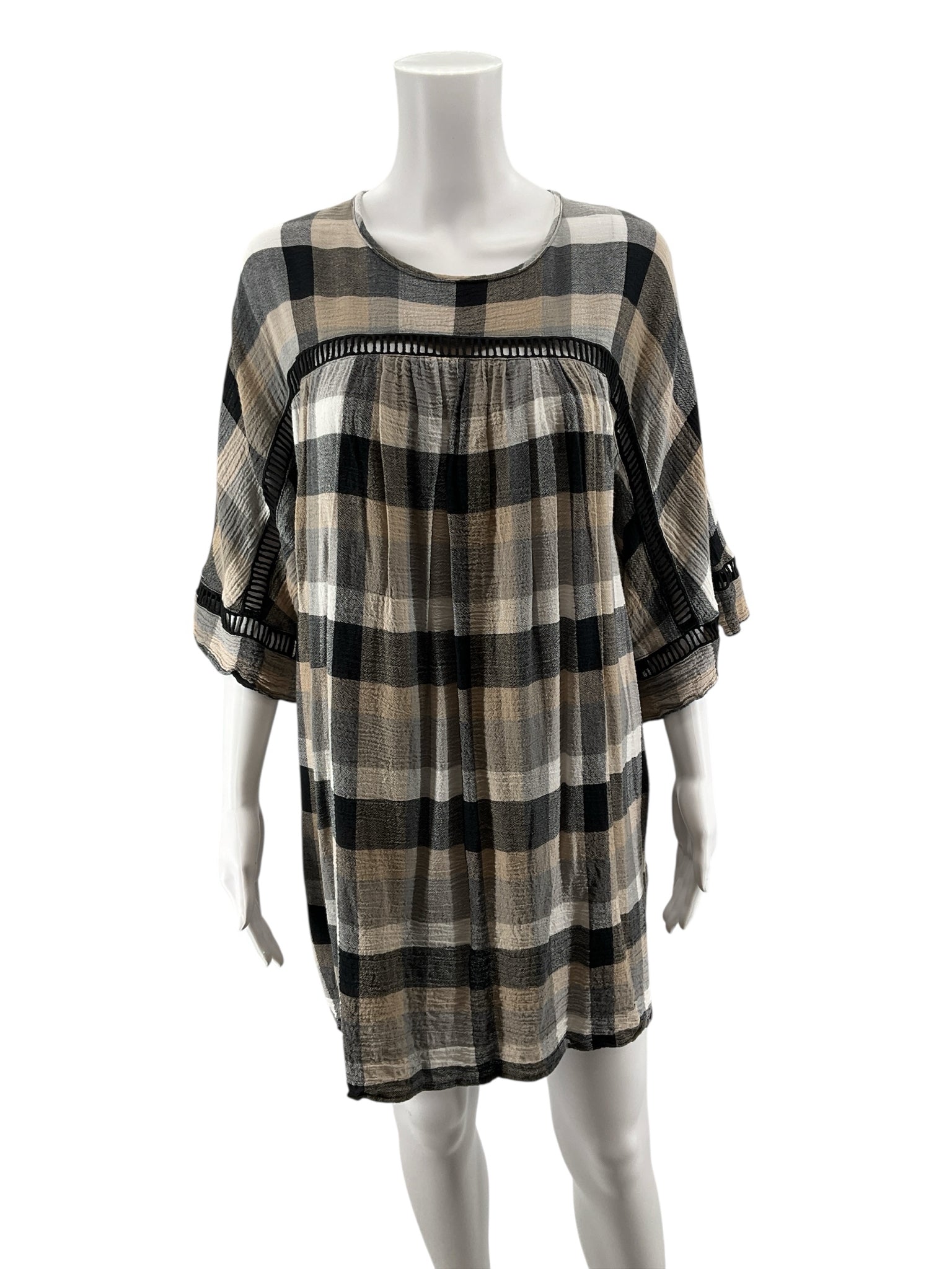 Maeve Anthropologie Plaid Flutter-Sleeve Tunic Dress Size Medium Black Tan Check